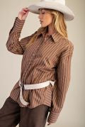 Brown Stripe Oversized Button Down Shirt-TOP-Easel-Stuffology - Where Vintage Meets Modern, A Boutique for Real Women in Crosbyton, TX