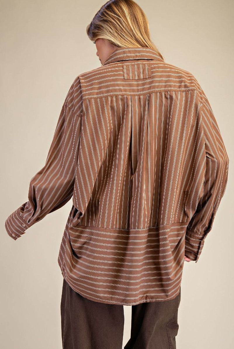 Brown Stripe Oversized Button Down Shirt-TOP-Easel-Stuffology - Where Vintage Meets Modern, A Boutique for Real Women in Crosbyton, TX