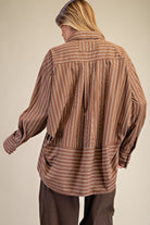 Brown Stripe Oversized Button Down Shirt-TOP-Easel-Stuffology - Where Vintage Meets Modern, A Boutique for Real Women in Crosbyton, TX