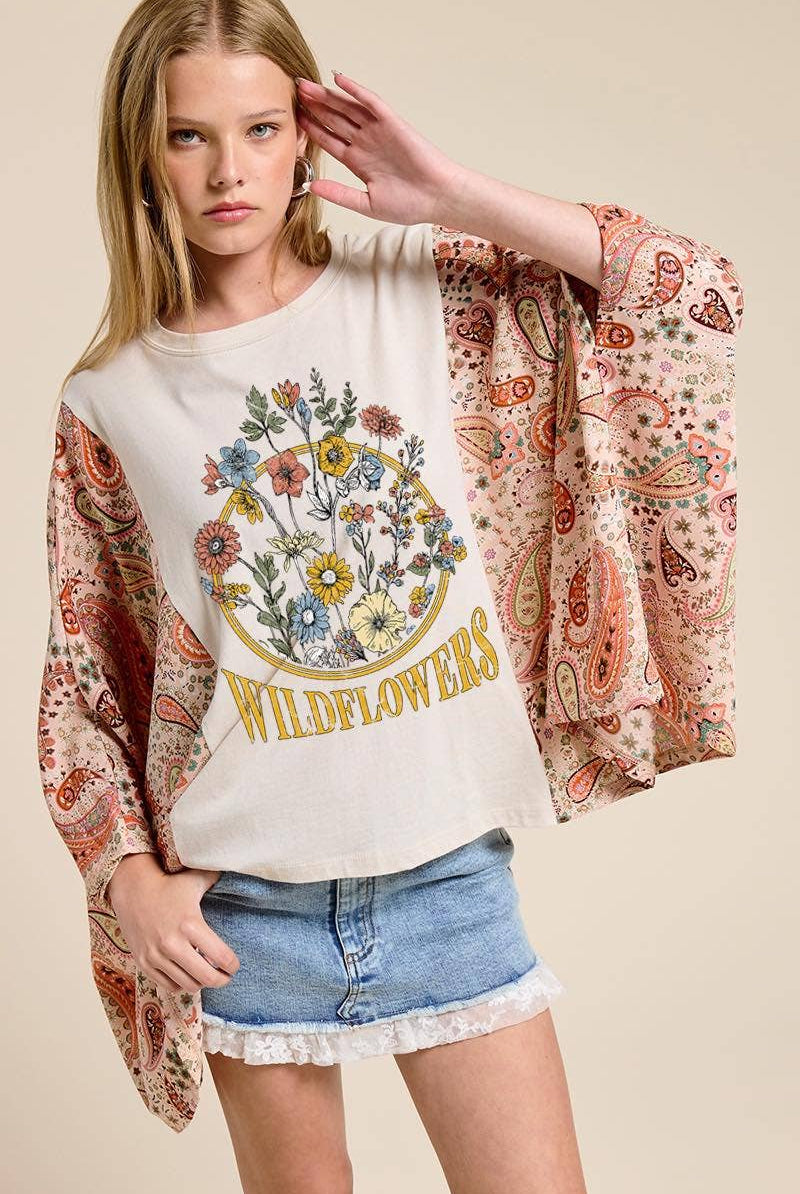 Wildflowers Vintage Graphic Rustic Contrast Poncho Top-Graphic Tees-Zutter-Stuffology - Where Vintage Meets Modern, A Boutique for Real Women in Crosbyton, TX