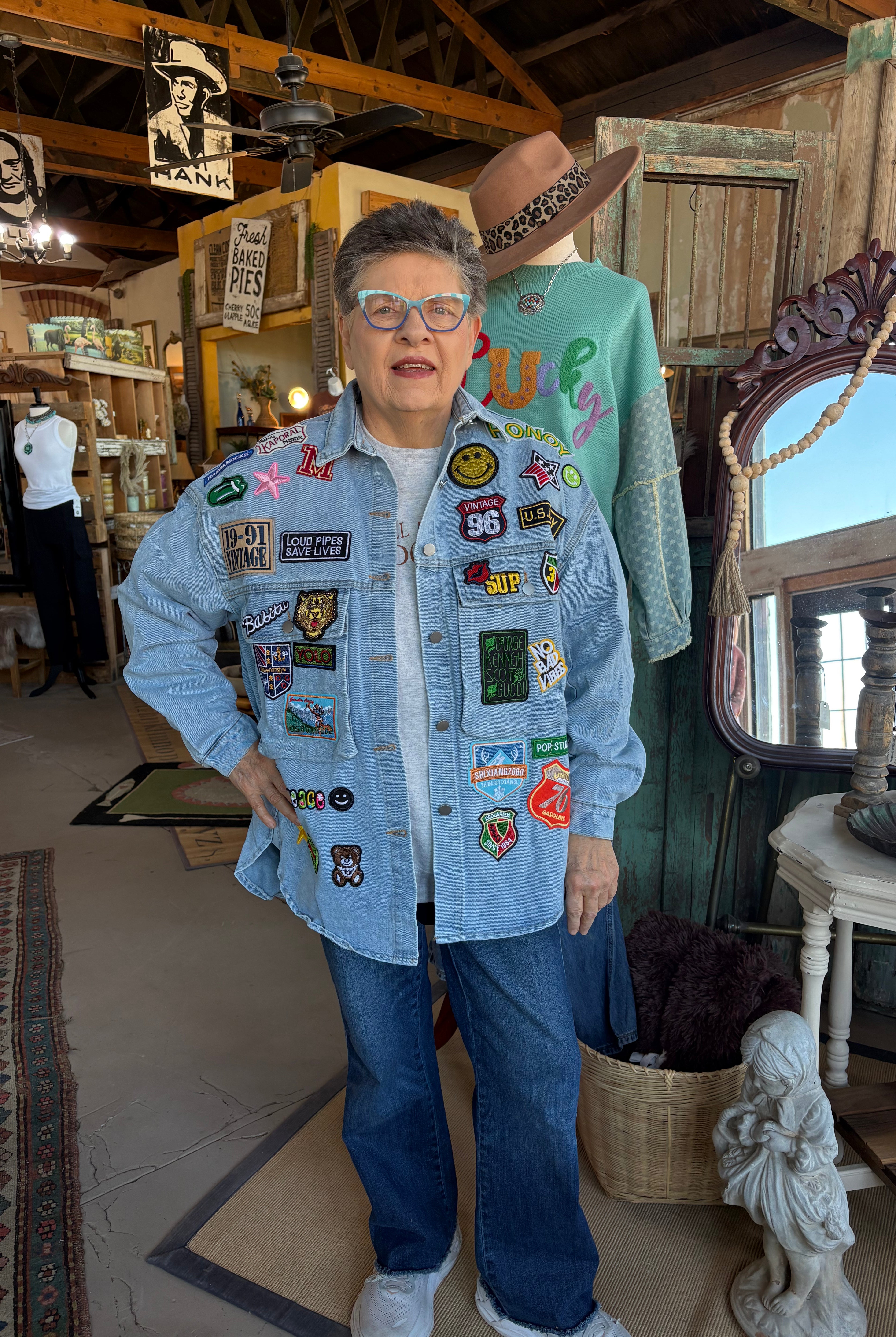 Multi Patch Oversized Denim Shirt Jacket-Denim Jacket-HiteJeans-Stuffology - Where Vintage Meets Modern, A Boutique for Real Women in Crosbyton, TX