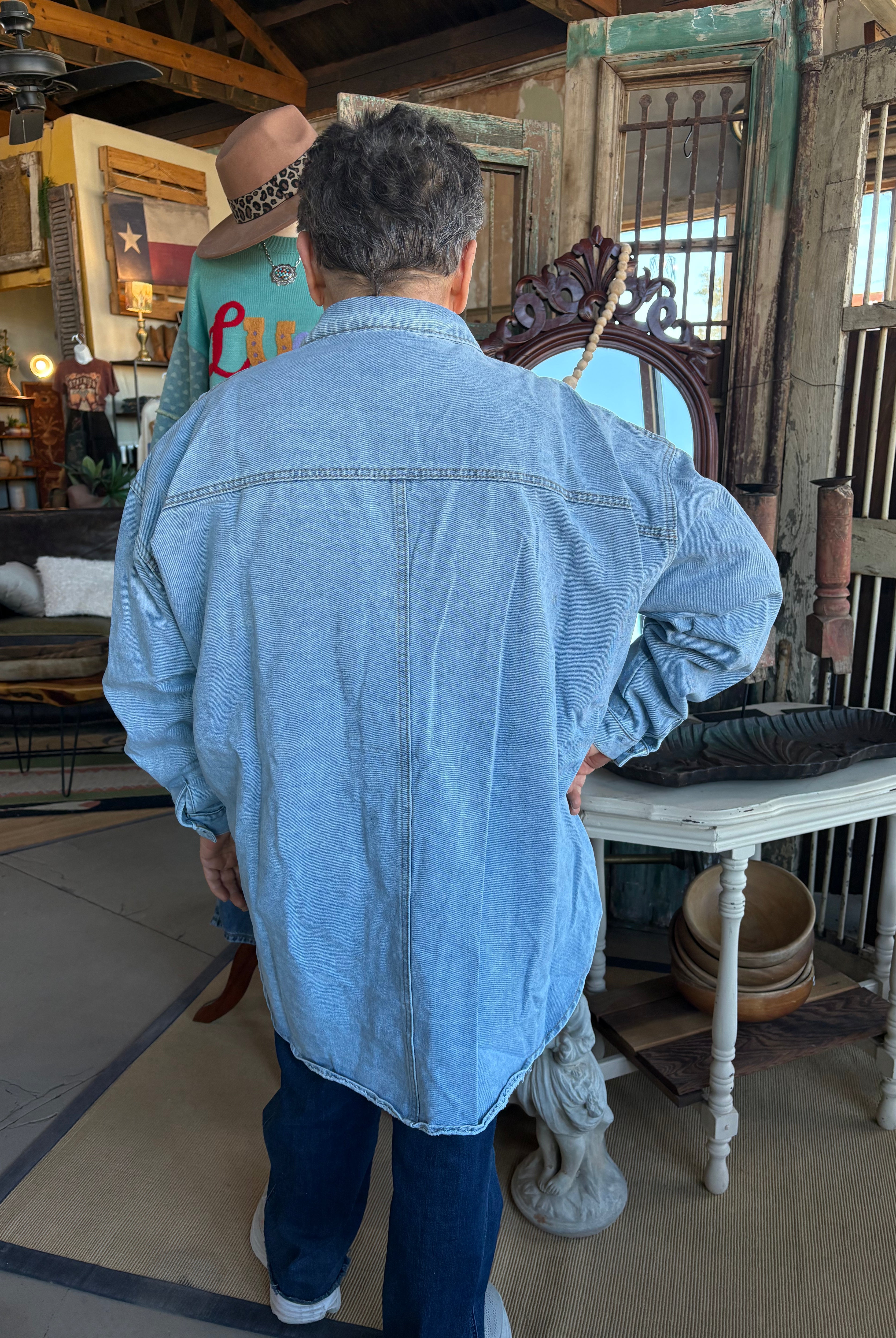 Multi Patch Oversized Denim Shirt Jacket-Denim Jacket-HiteJeans-Stuffology - Where Vintage Meets Modern, A Boutique for Real Women in Crosbyton, TX