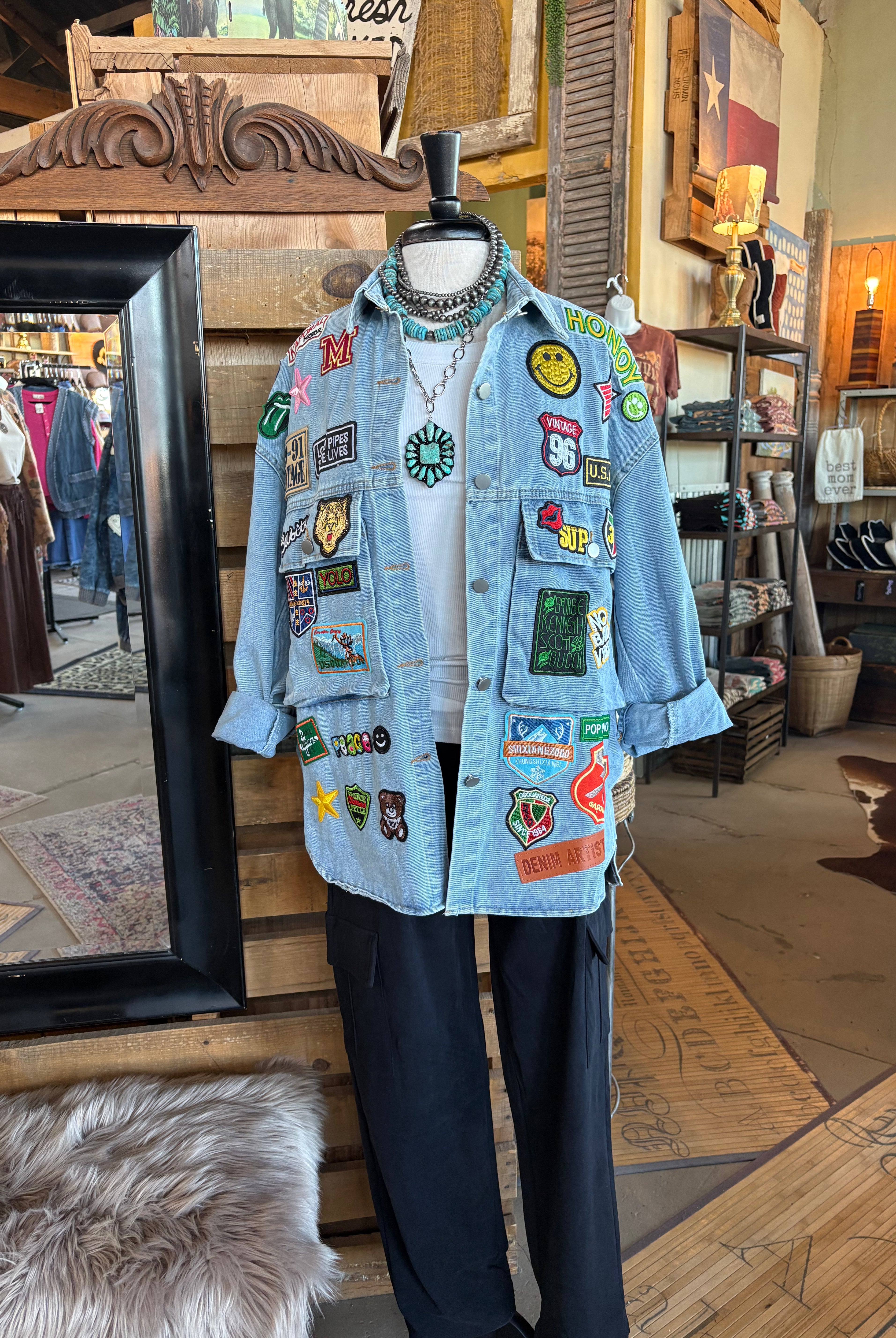 Multi Patch Oversized Denim Shirt Jacket-Denim Jacket-HiteJeans-Stuffology - Where Vintage Meets Modern, A Boutique for Real Women in Crosbyton, TX