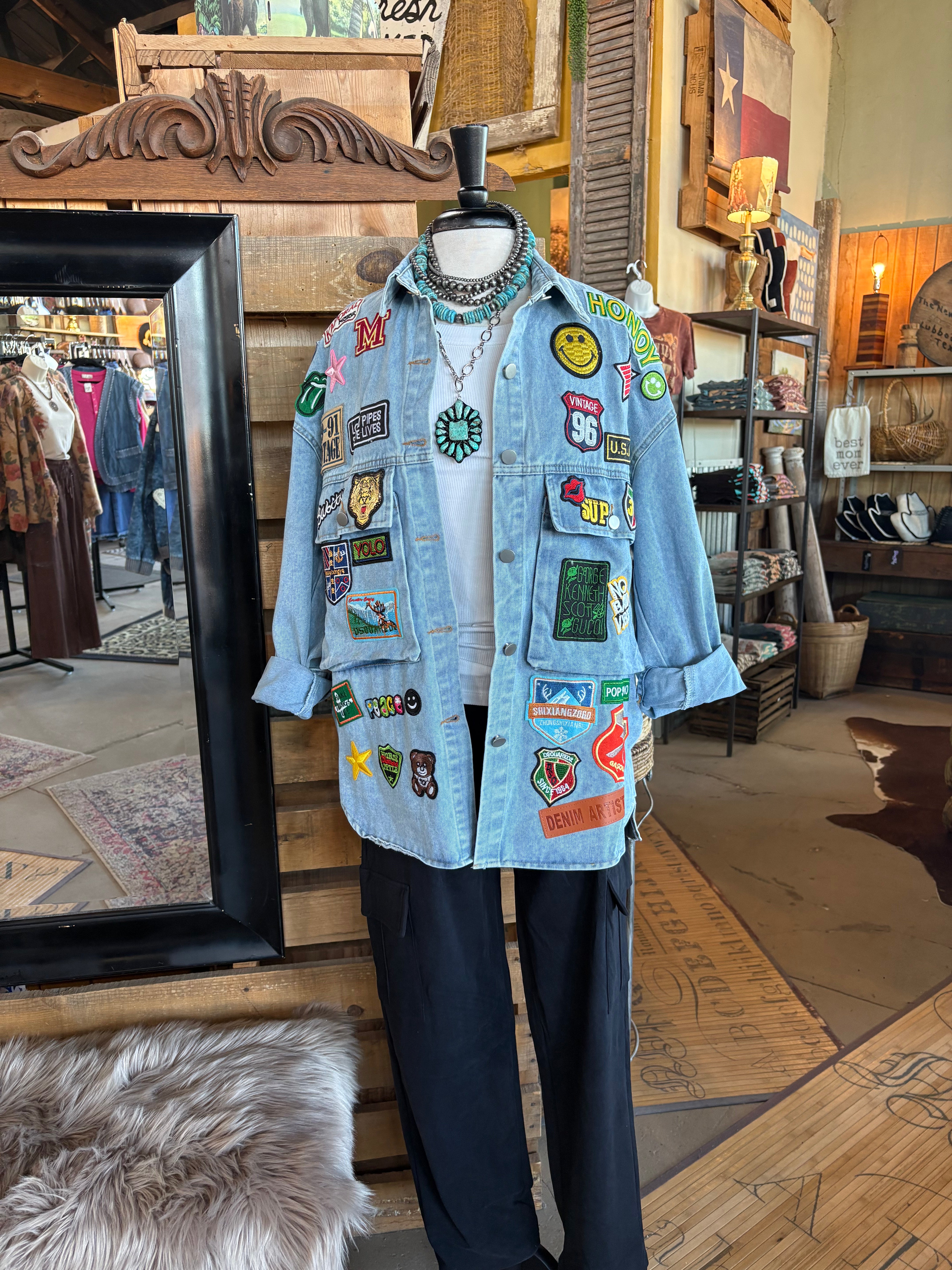 Multi Patch Oversized Denim Shirt Jacket-Denim Jacket-HiteJeans-Stuffology - Where Vintage Meets Modern, A Boutique for Real Women in Crosbyton, TX
