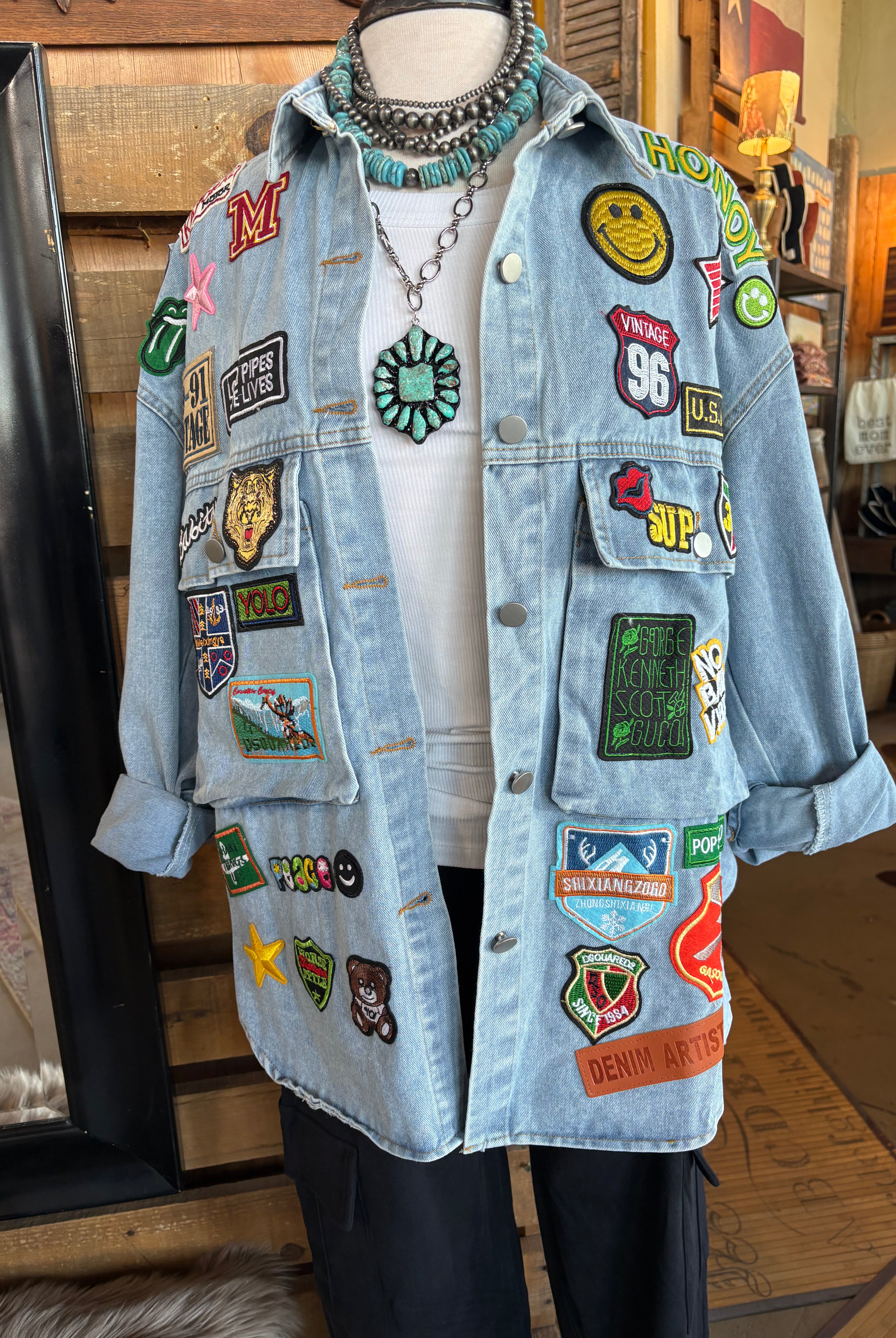 Multi Patch Oversized Denim Shirt Jacket-Denim Jacket-HiteJeans-Stuffology - Where Vintage Meets Modern, A Boutique for Real Women in Crosbyton, TX