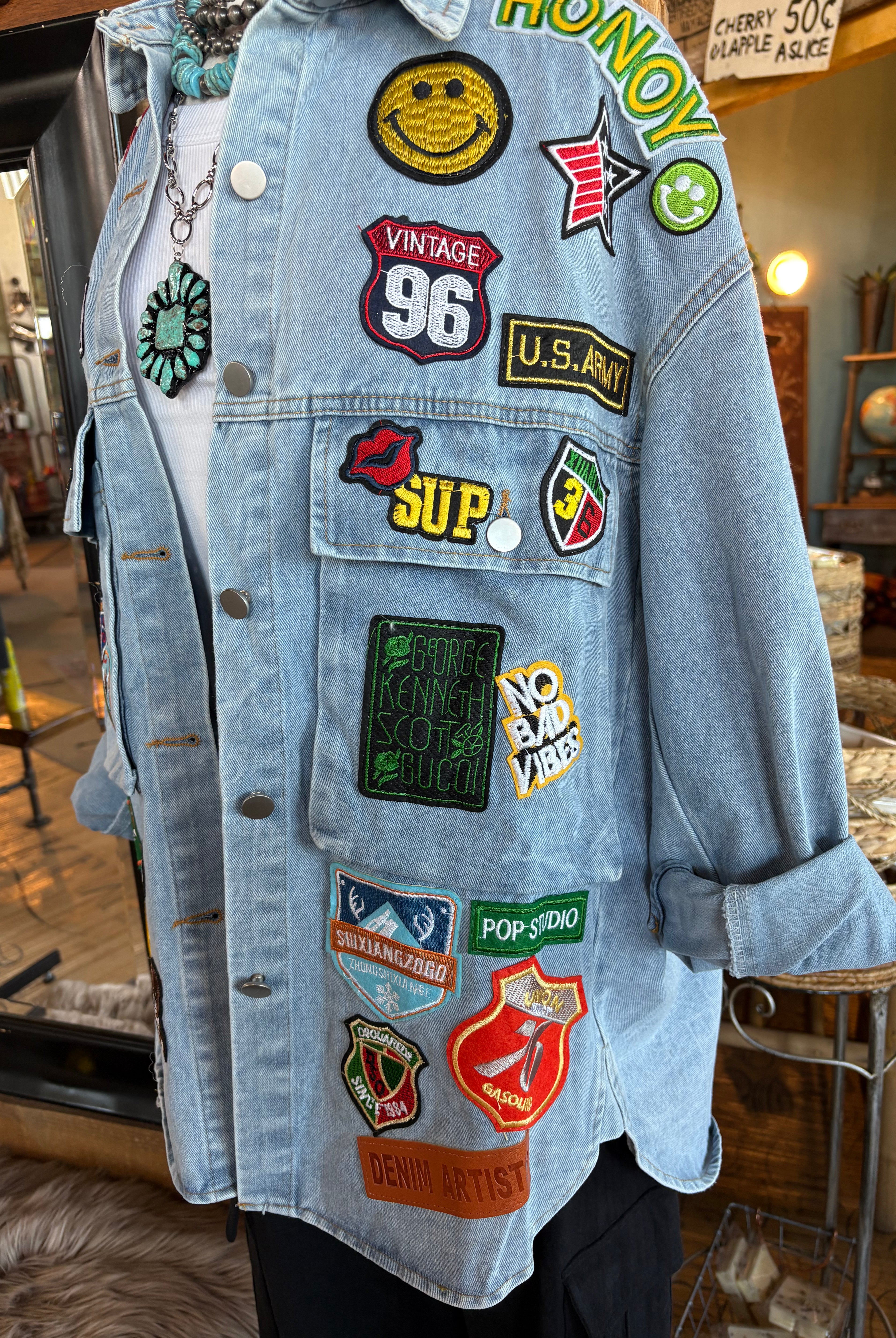 Multi Patch Oversized Denim Shirt Jacket-Denim Jacket-HiteJeans-Stuffology - Where Vintage Meets Modern, A Boutique for Real Women in Crosbyton, TX