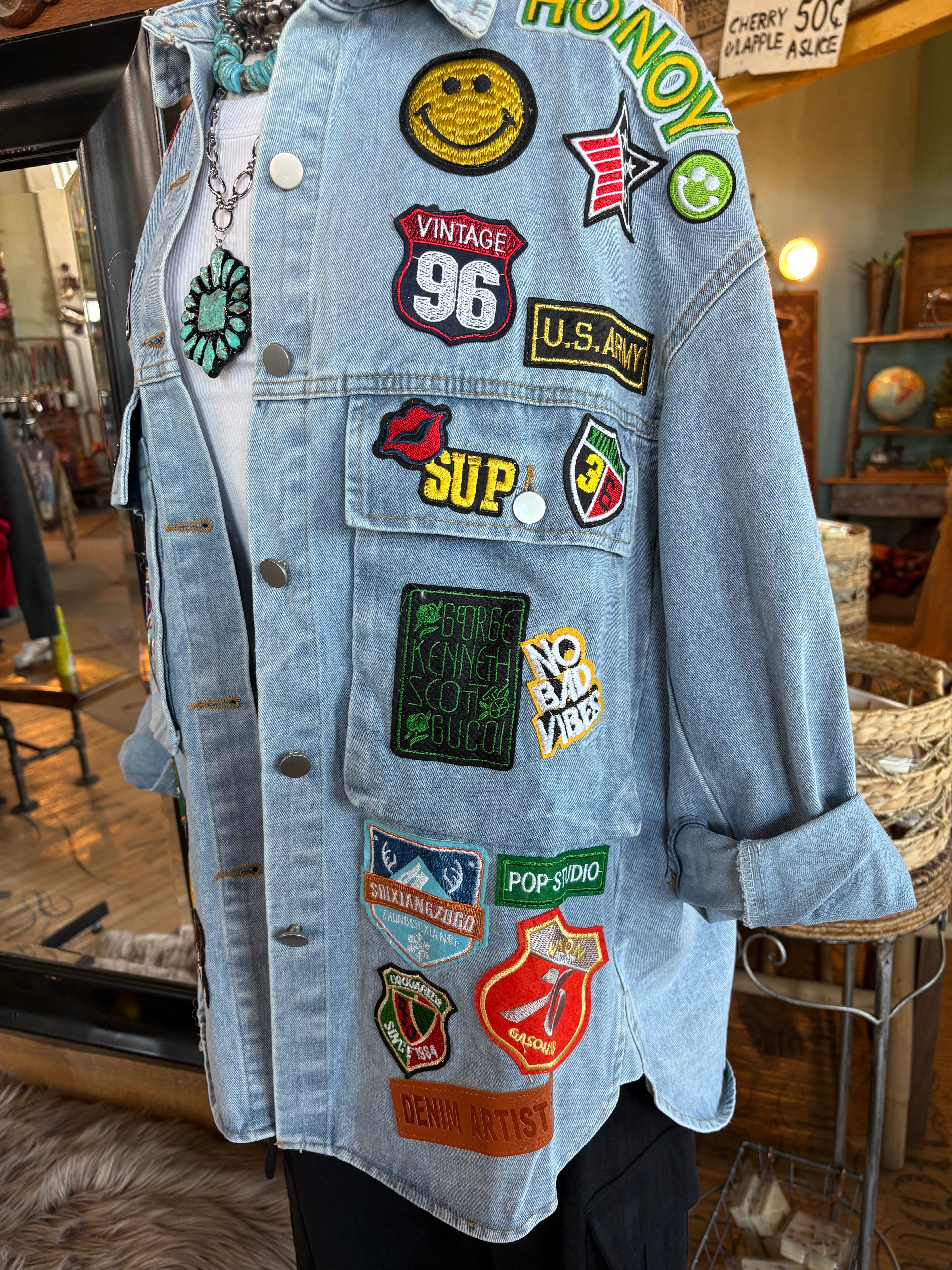 Multi Patch Oversized Denim Shirt Jacket-Denim Jacket-HiteJeans-Stuffology - Where Vintage Meets Modern, A Boutique for Real Women in Crosbyton, TX