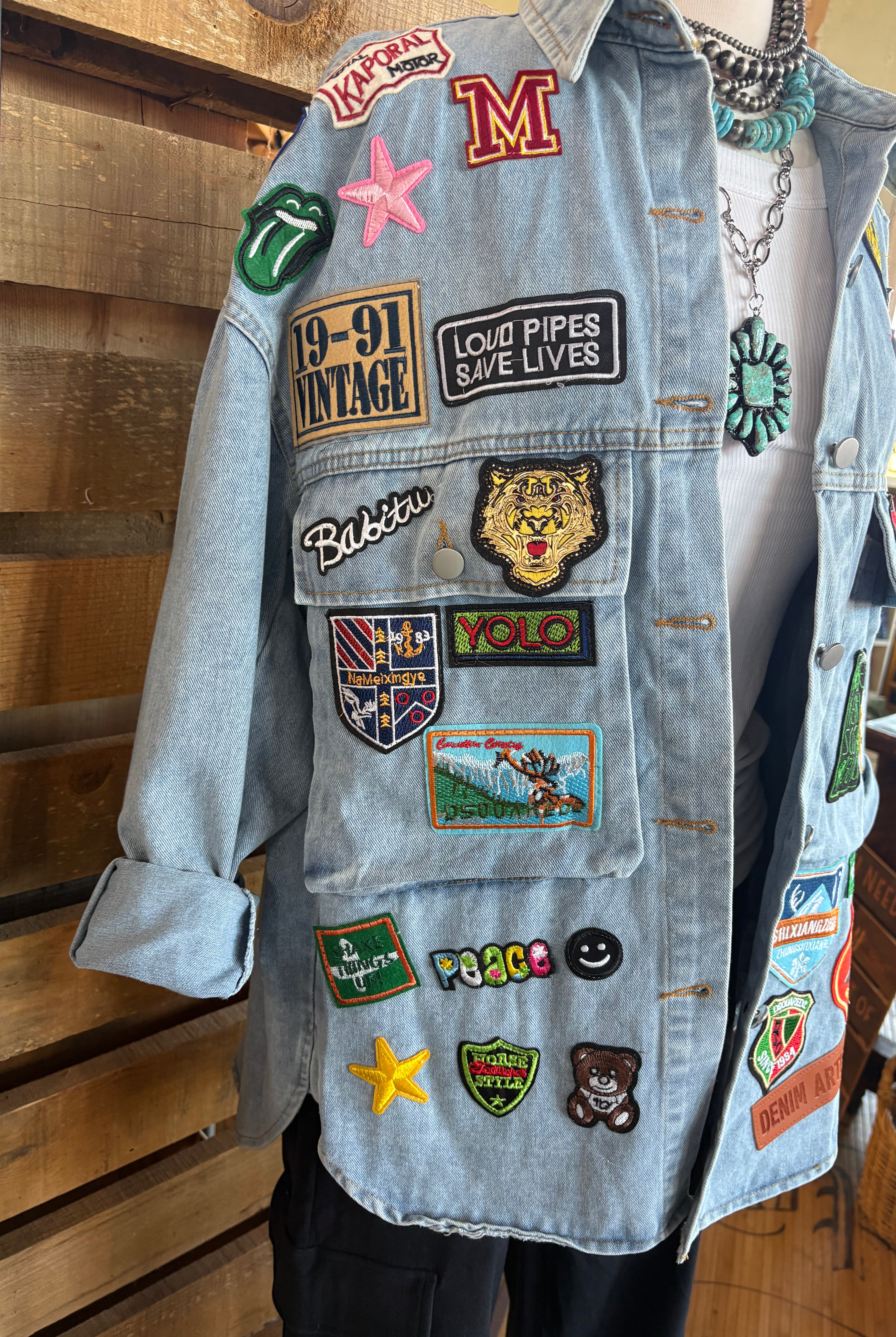 Multi Patch Oversized Denim Shirt Jacket-Denim Jacket-HiteJeans-Stuffology - Where Vintage Meets Modern, A Boutique for Real Women in Crosbyton, TX
