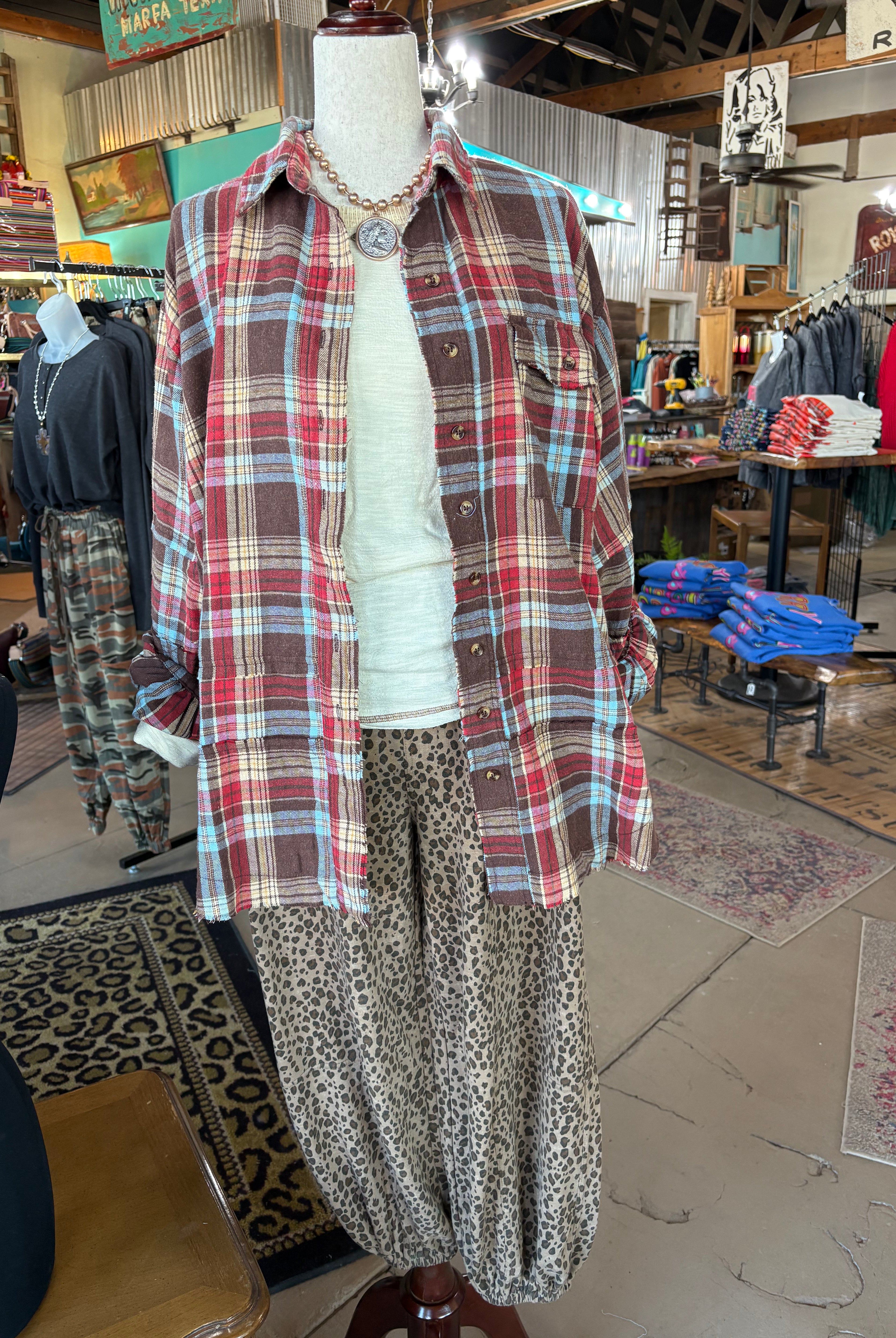 Long Sleeve Mineral Washed Plaid Flannel Tunic Top - Easel-TOP-EASEL-Stuffology - Where Vintage Meets Modern, A Boutique for Real Women in Crosbyton, TX