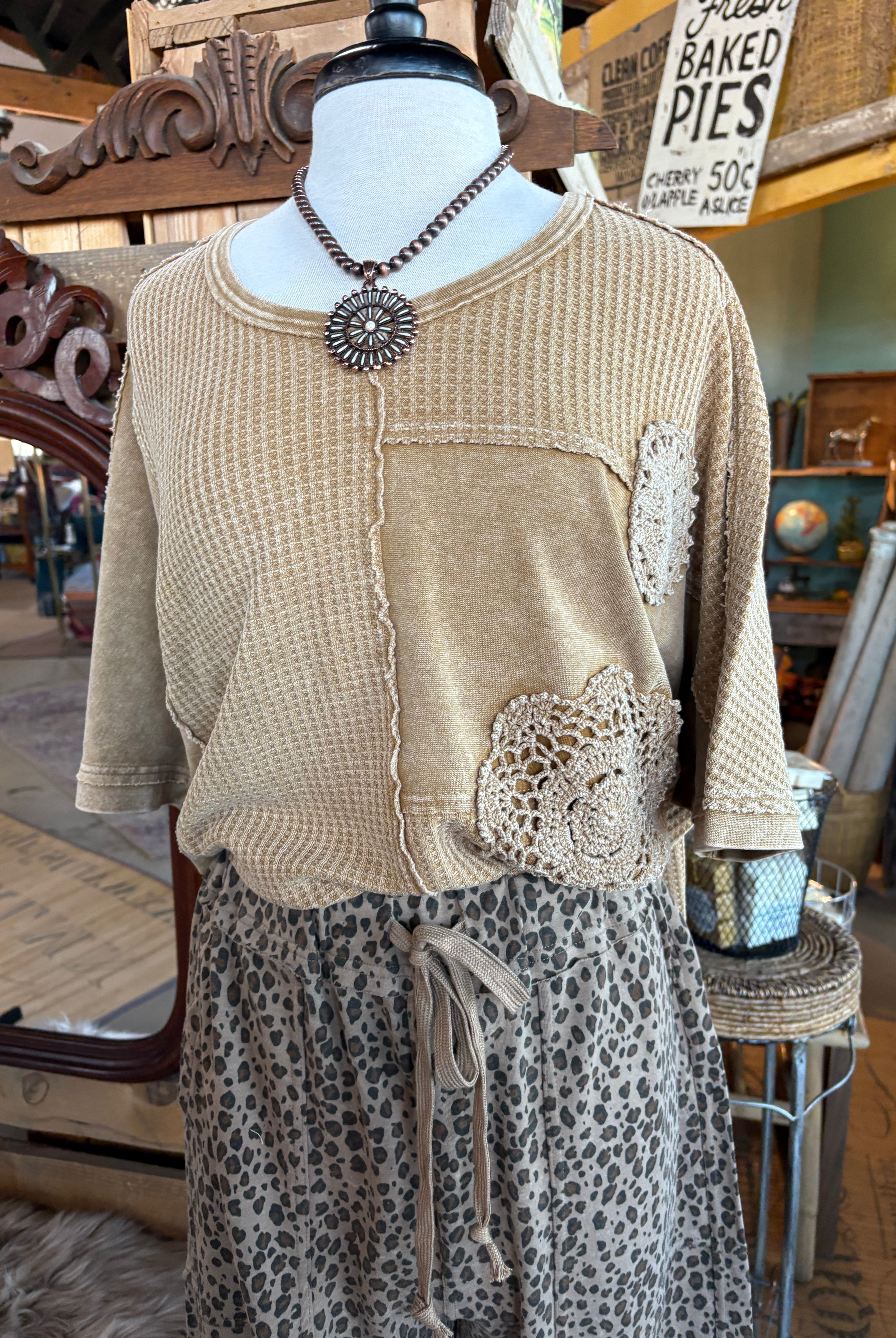 Crochet Patch Waffle Knit Top-Oversized Top-Stuffology Boutique -Stuffology - Where Vintage Meets Modern, A Boutique for Real Women in Crosbyton, TX