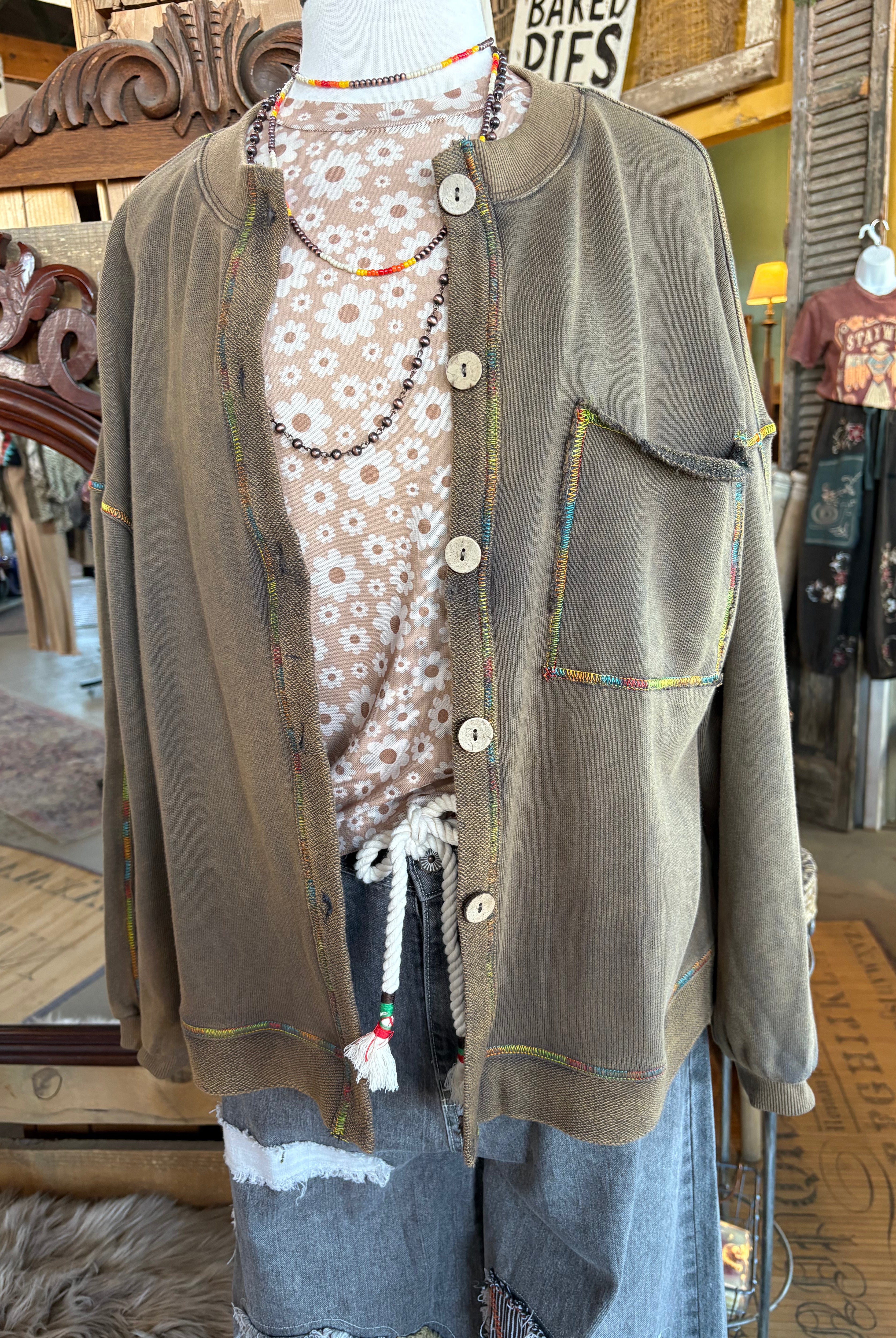 Mineral Wash Button Down Terry Knit Cardigan-Cardigan-Easel-Stuffology - Where Vintage Meets Modern, A Boutique for Real Women in Crosbyton, TX