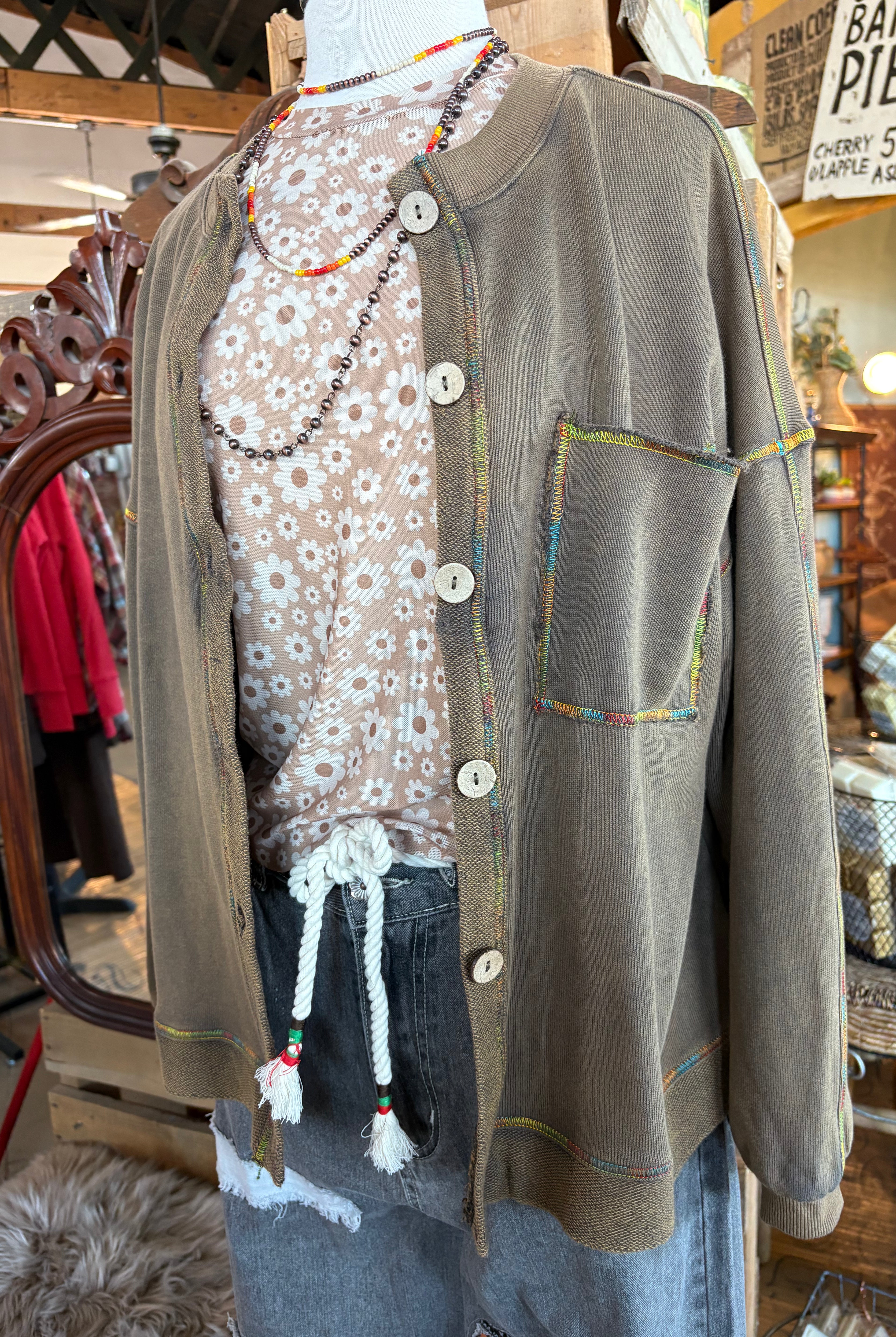 Mineral Wash Button Down Terry Knit Cardigan-Cardigan-Easel-Stuffology - Where Vintage Meets Modern, A Boutique for Real Women in Crosbyton, TX