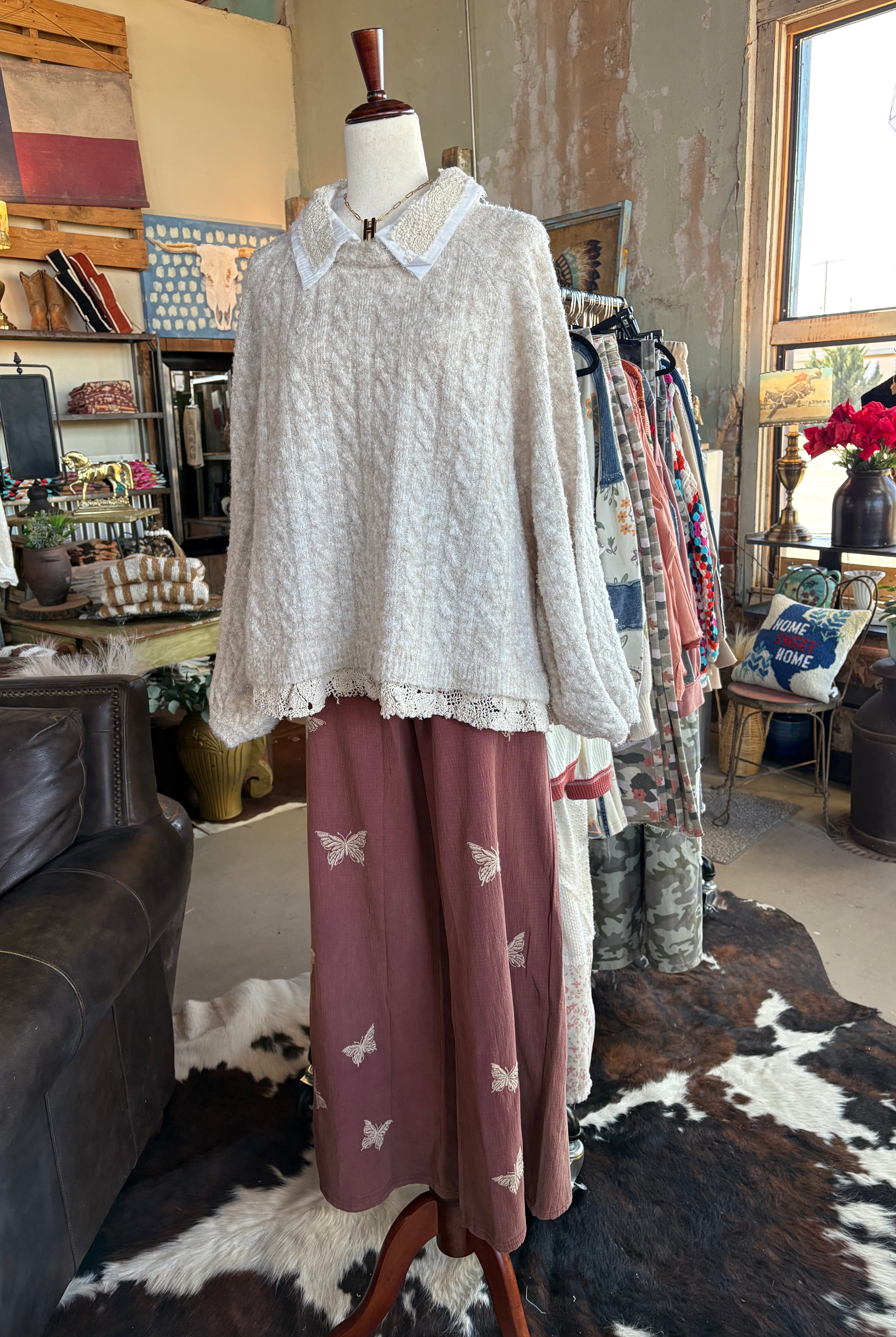 Collar neck double gauze crochet patch solid sweater top - POL Clothing-Sweaters-Pol Clothing-Stuffology - Where Vintage Meets Modern, A Boutique for Real Women in Crosbyton, TX