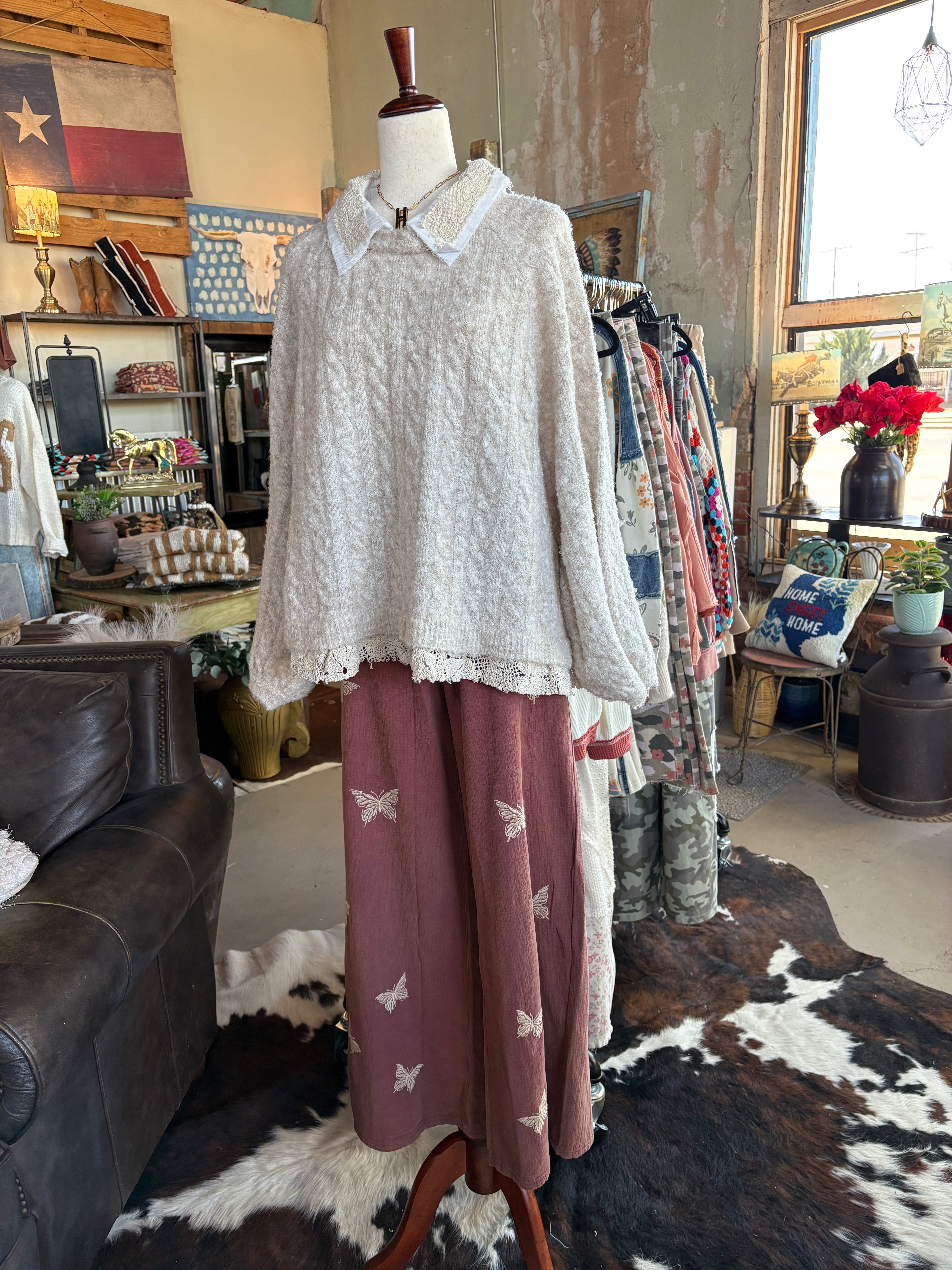 Collar neck double gauze crochet patch solid sweater top - POL Clothing-Sweaters-Pol Clothing-Stuffology - Where Vintage Meets Modern, A Boutique for Real Women in Crosbyton, TX