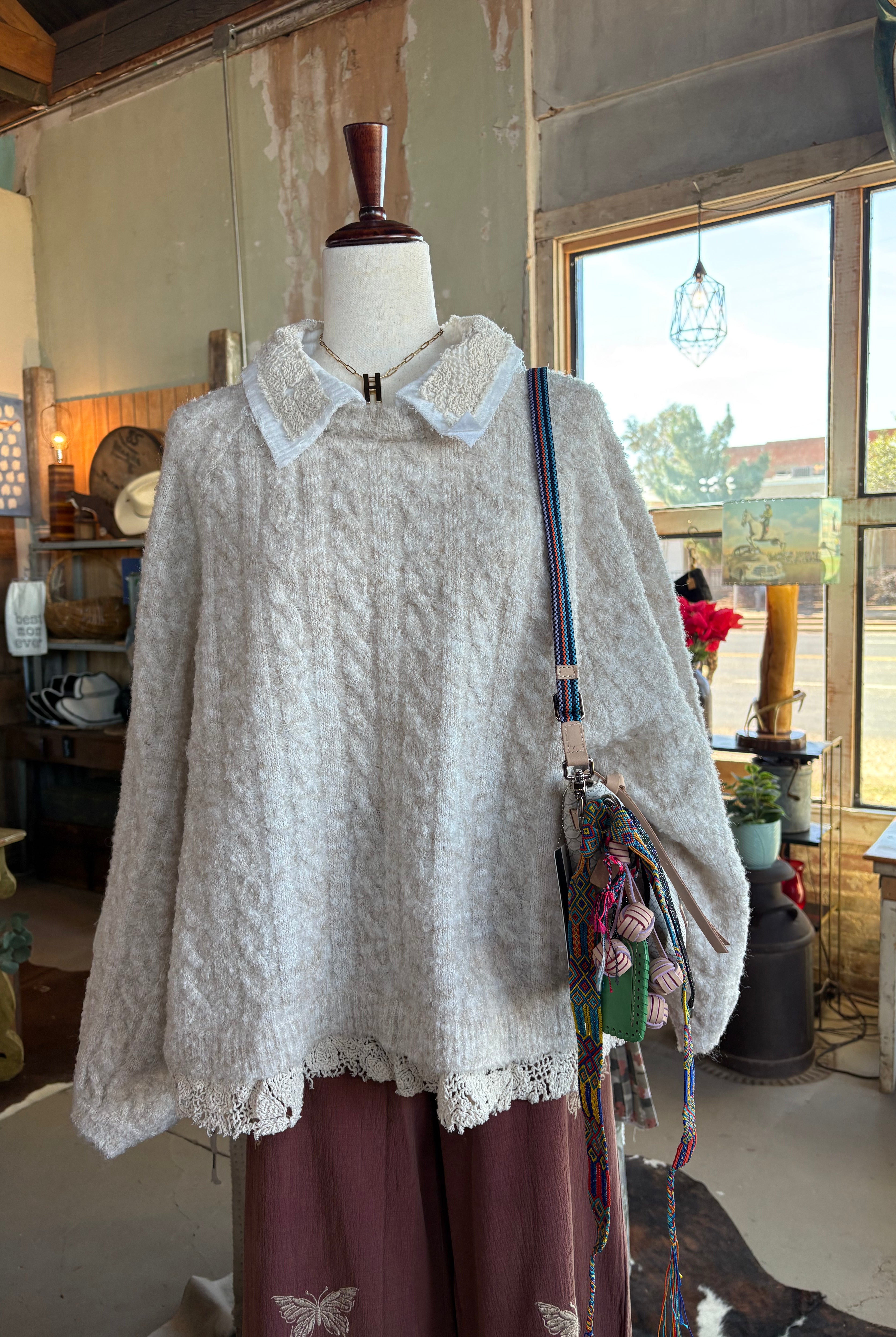 Collar neck double gauze crochet patch solid sweater top - POL Clothing-Sweaters-Pol Clothing-Stuffology - Where Vintage Meets Modern, A Boutique for Real Women in Crosbyton, TX