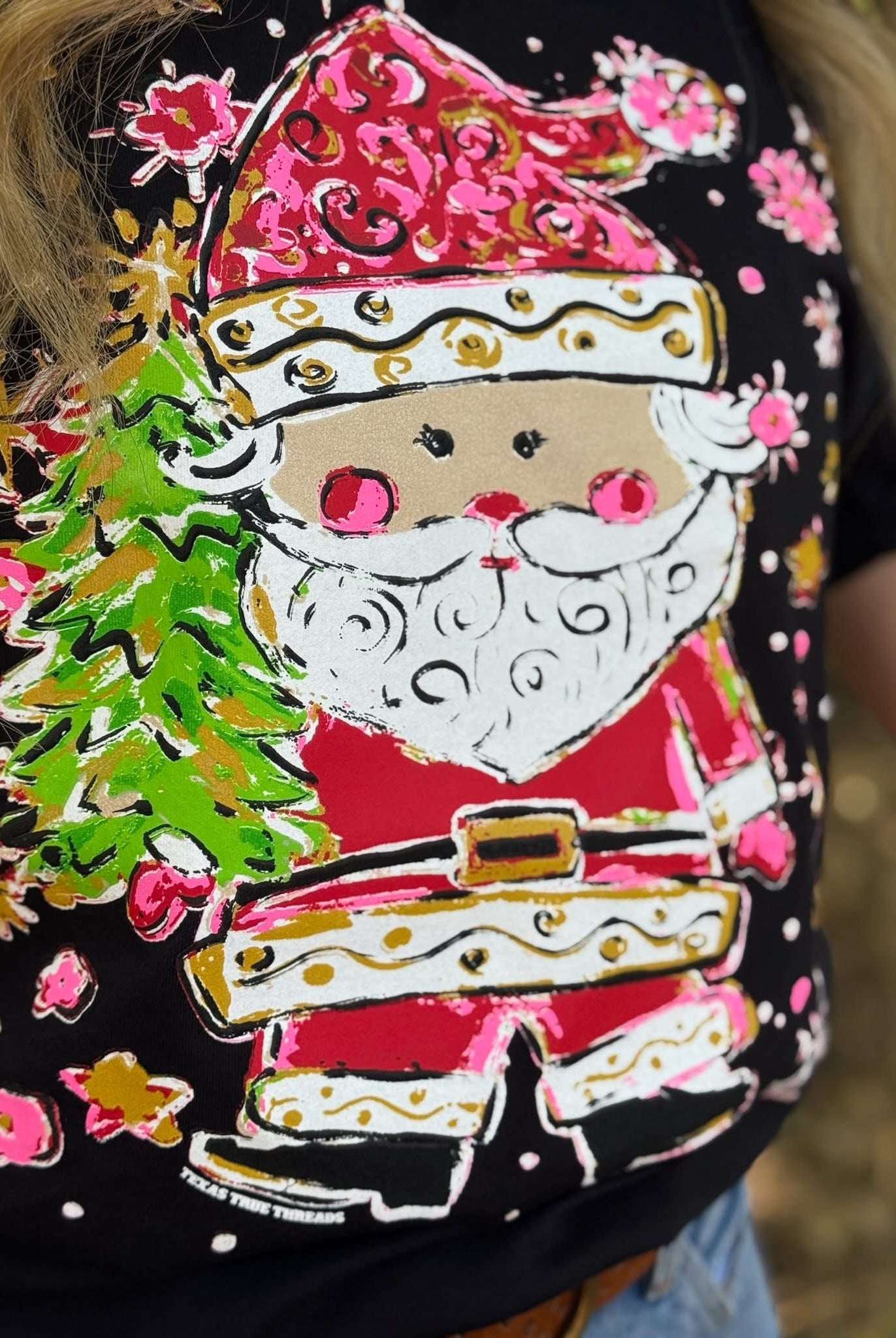 Painted Santa Graphic Tee (Black)-Graphic Tees-Texas True Threads-Stuffology - Where Vintage Meets Modern, A Boutique for Real Women in Crosbyton, TX
