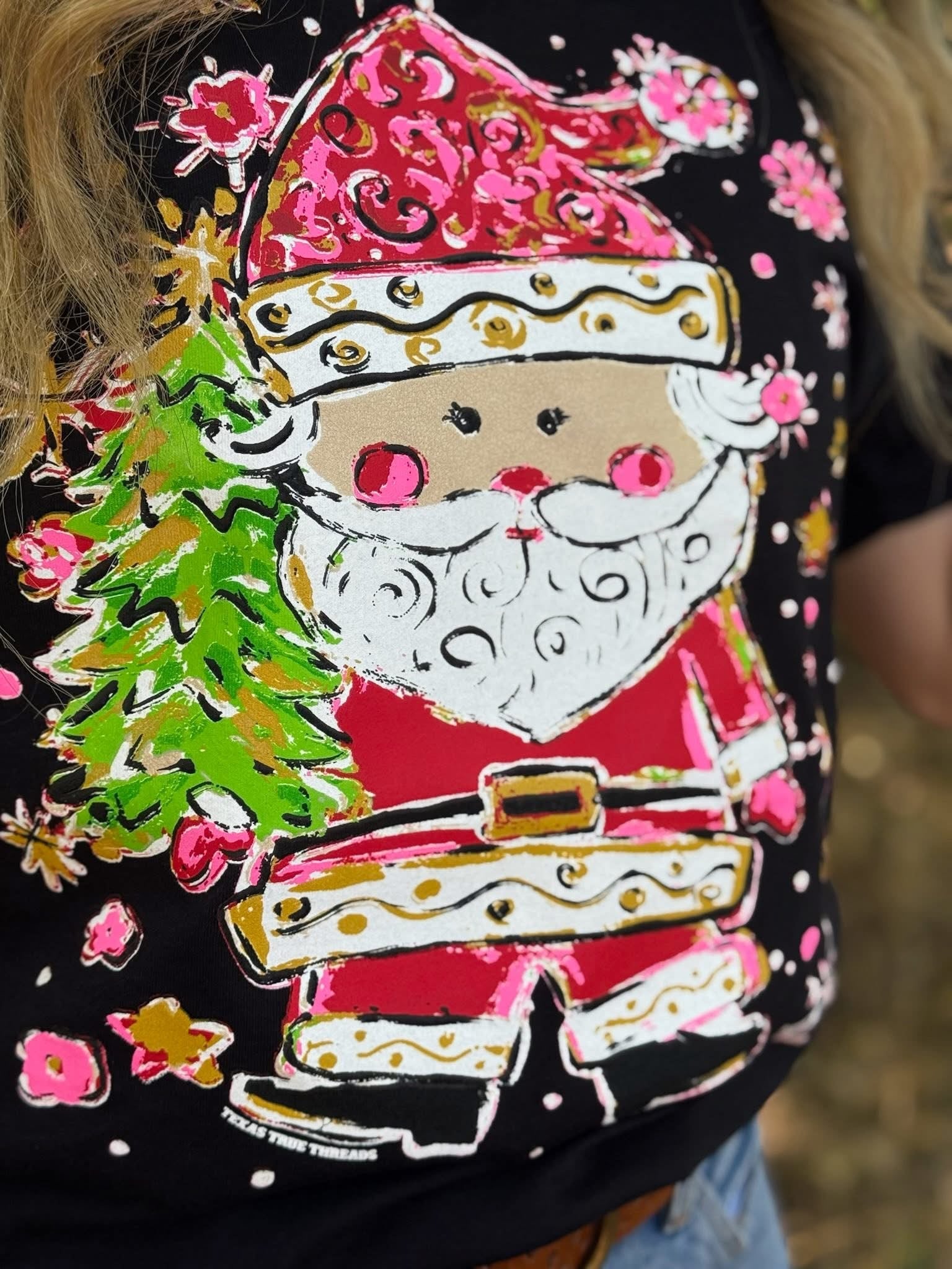 Painted Santa Graphic Tee (Black)-Graphic Tees-Texas True Threads-Stuffology - Where Vintage Meets Modern, A Boutique for Real Women in Crosbyton, TX