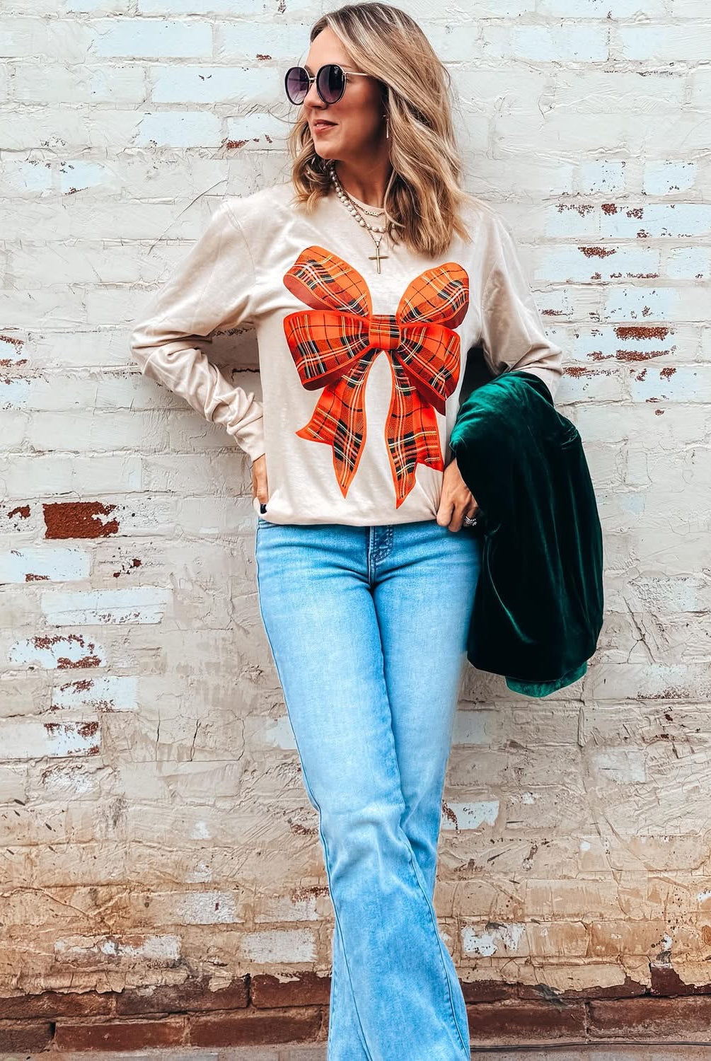 Long Sleeve Plaid Bow Graphic Tee-Graphic Tees-Prickly Pear TX-Stuffology - Where Vintage Meets Modern, A Boutique for Real Women in Crosbyton, TX
