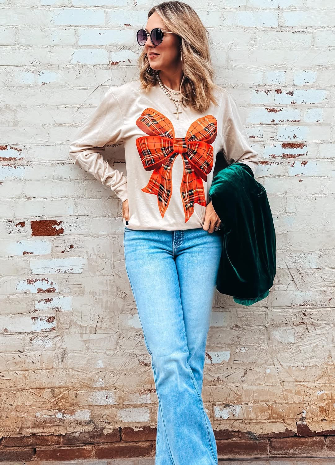 Long Sleeve Plaid Bow Graphic Tee-Graphic Tees-Prickly Pear TX-Stuffology - Where Vintage Meets Modern, A Boutique for Real Women in Crosbyton, TX