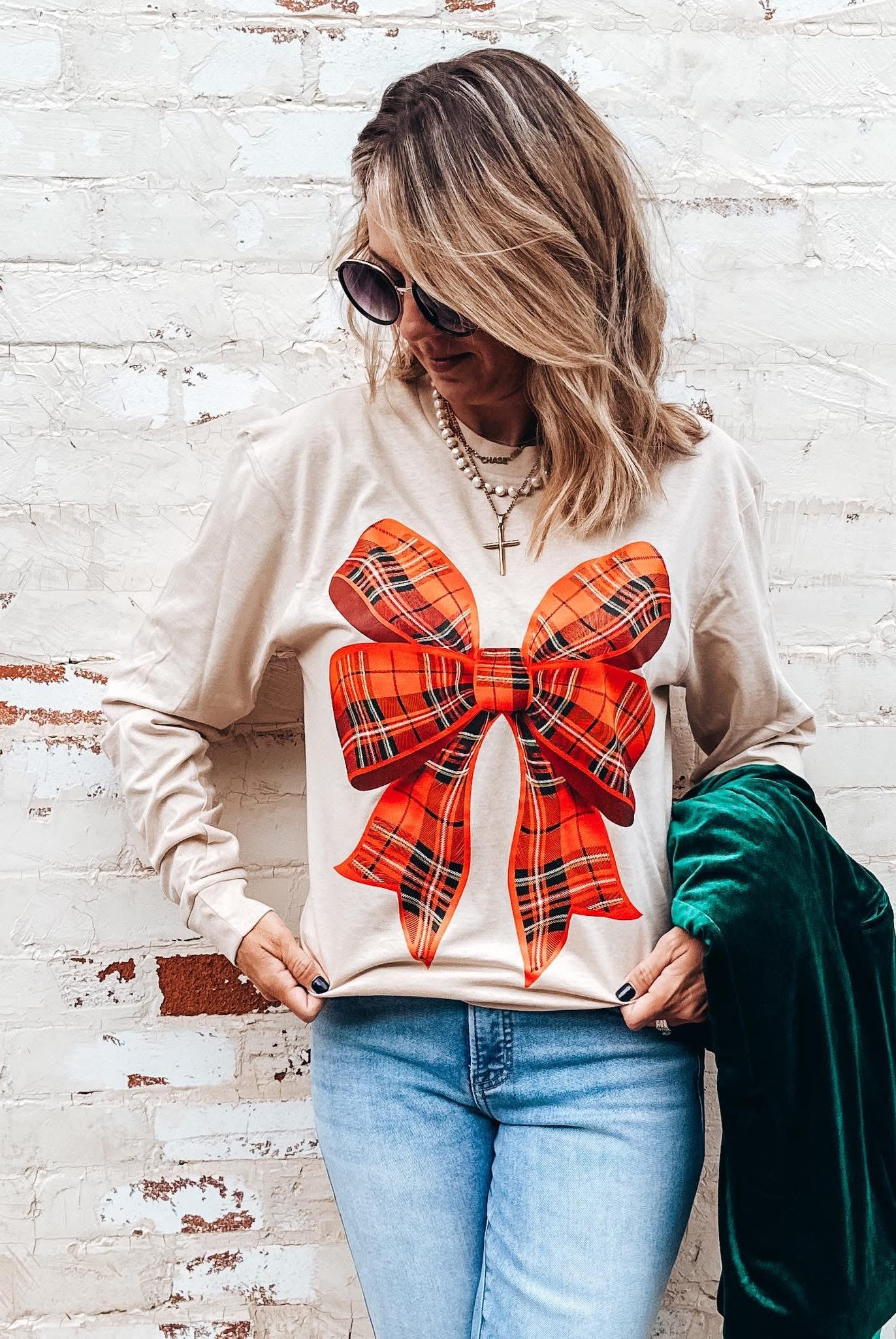Long Sleeve Plaid Bow Graphic Tee-Graphic Tees-Prickly Pear TX-Stuffology - Where Vintage Meets Modern, A Boutique for Real Women in Crosbyton, TX