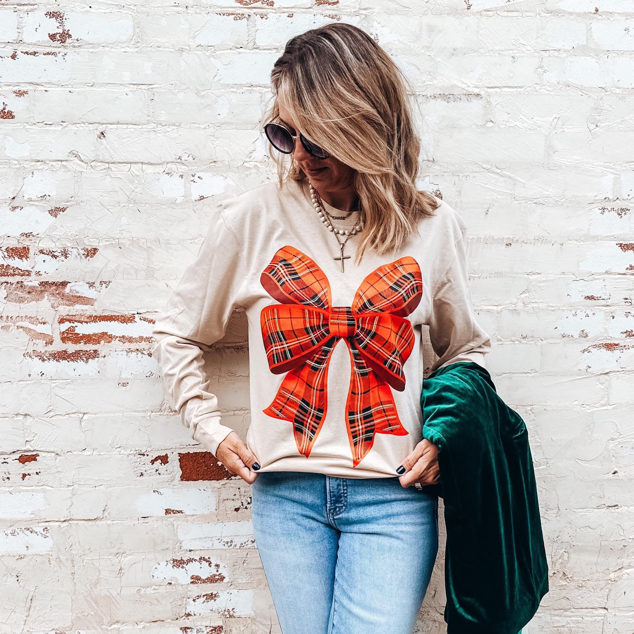 Long Sleeve Plaid Bow Graphic Tee-Graphic Tees-Prickly Pear TX-Stuffology - Where Vintage Meets Modern, A Boutique for Real Women in Crosbyton, TX