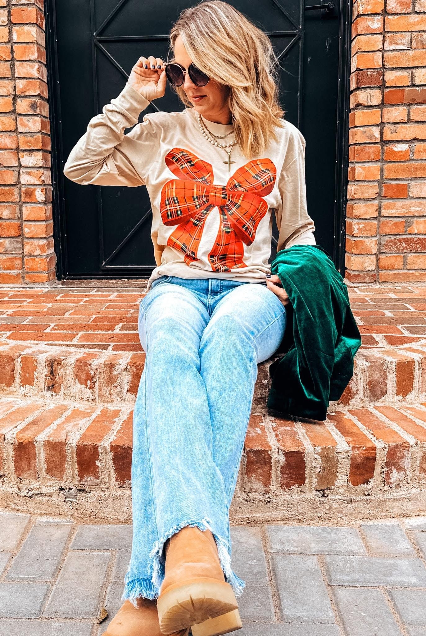 Long Sleeve Plaid Bow Graphic Tee-Graphic Tees-Prickly Pear TX-Stuffology - Where Vintage Meets Modern, A Boutique for Real Women in Crosbyton, TX