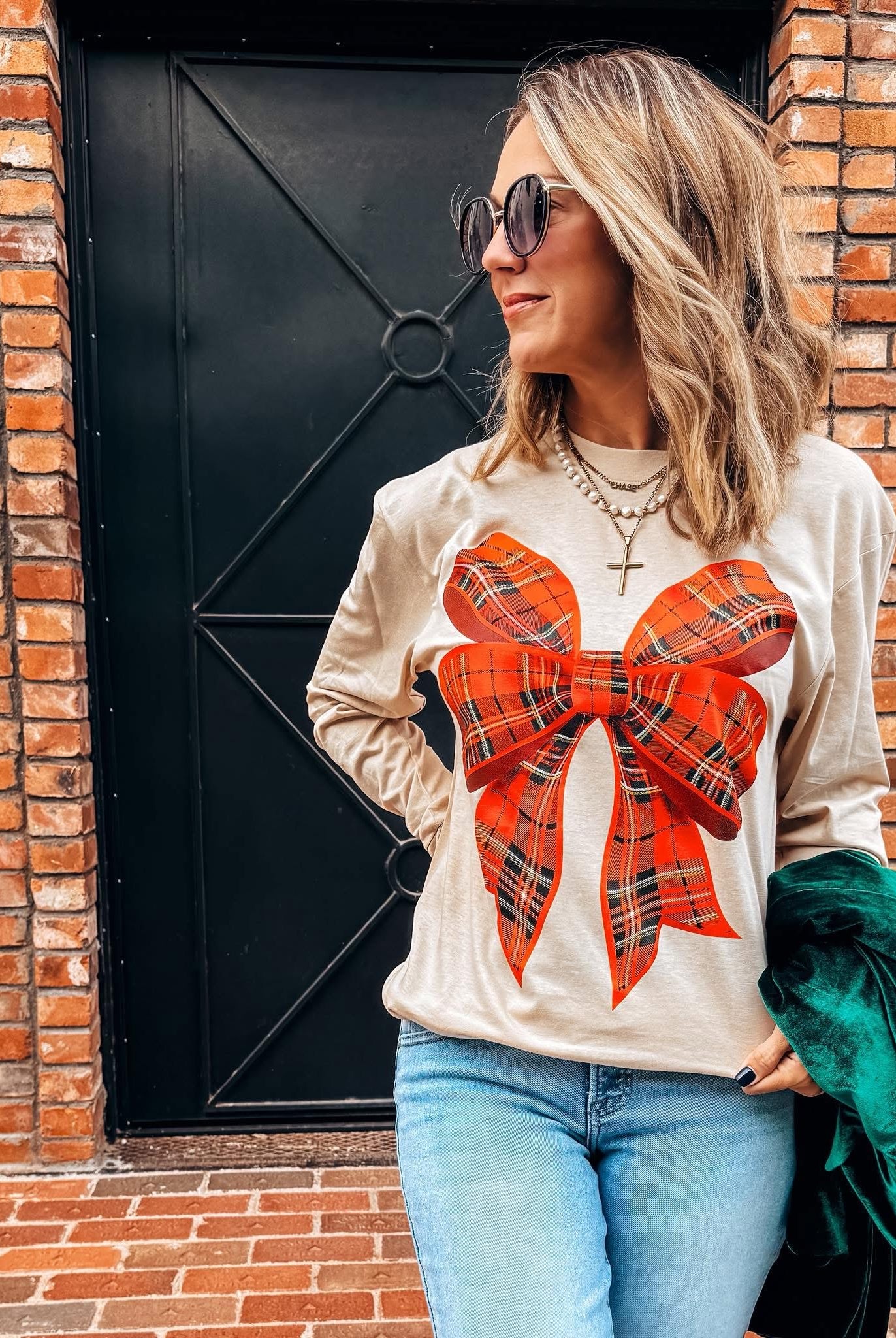 Long Sleeve Plaid Bow Graphic Tee-Graphic Tees-Prickly Pear TX-Stuffology - Where Vintage Meets Modern, A Boutique for Real Women in Crosbyton, TX