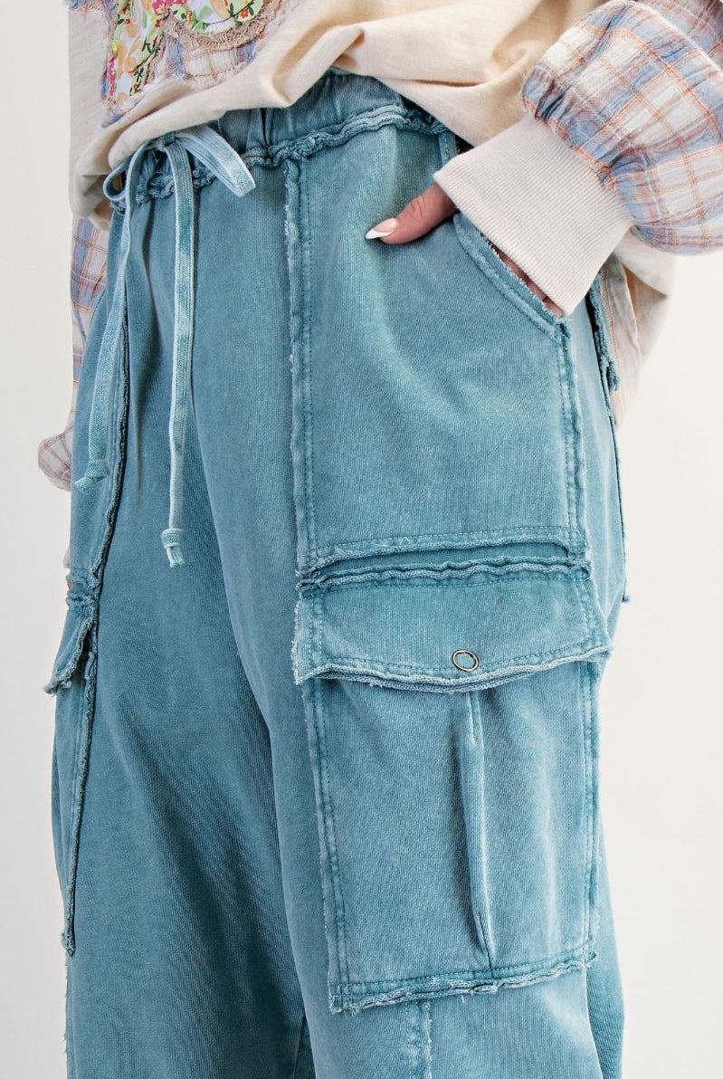 Washed Wide Leg Cargo Pants - Teal-pants-EASEL-Stuffology - Where Vintage Meets Modern, A Boutique for Real Women in Crosbyton, TX