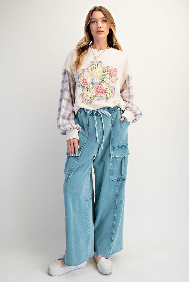 Washed Wide Leg Cargo Pants - Teal-pants-EASEL-Stuffology - Where Vintage Meets Modern, A Boutique for Real Women in Crosbyton, TX