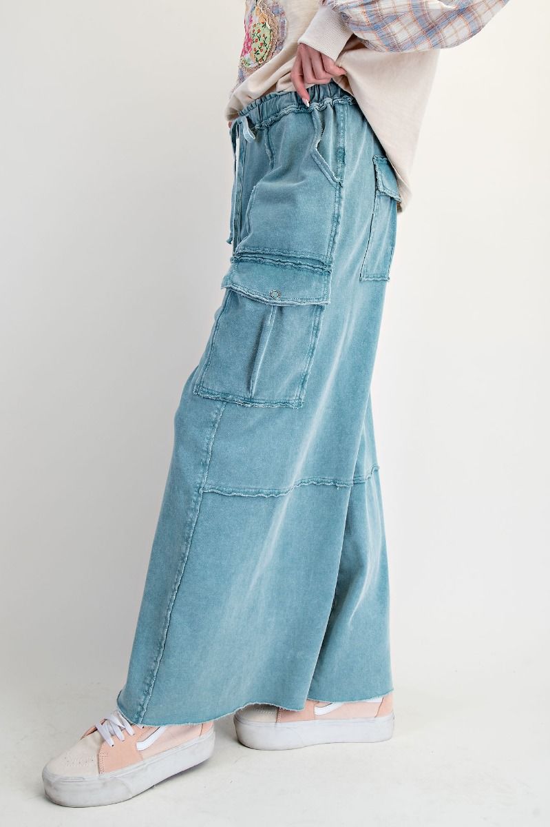 Washed Wide Leg Cargo Pants - Teal-pants-EASEL-Stuffology - Where Vintage Meets Modern, A Boutique for Real Women in Crosbyton, TX
