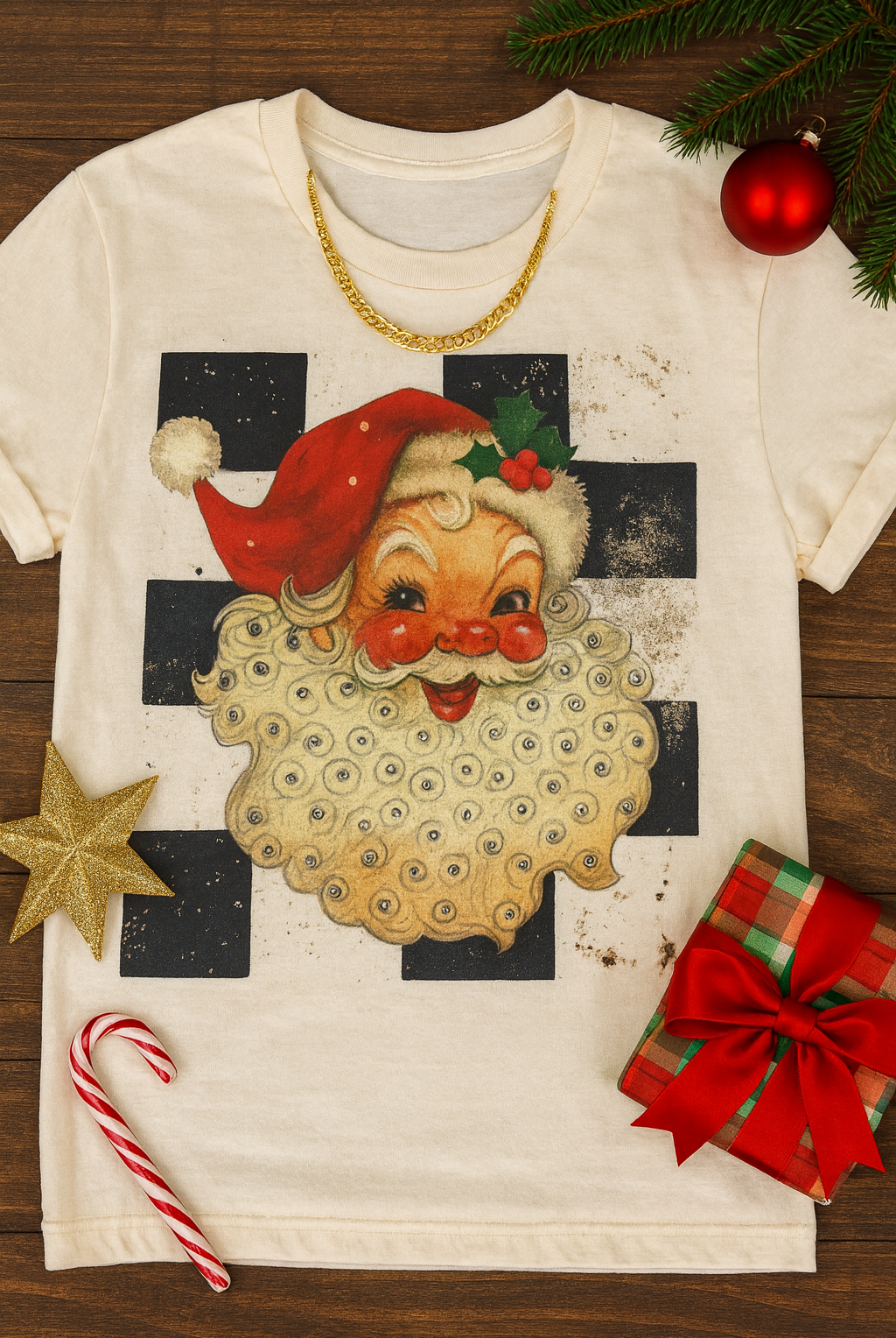 Checkered Vintage Santa Graphic Tee-Stuffology Boutique -Stuffology - Where Vintage Meets Modern, A Boutique for Real Women in Crosbyton, TX