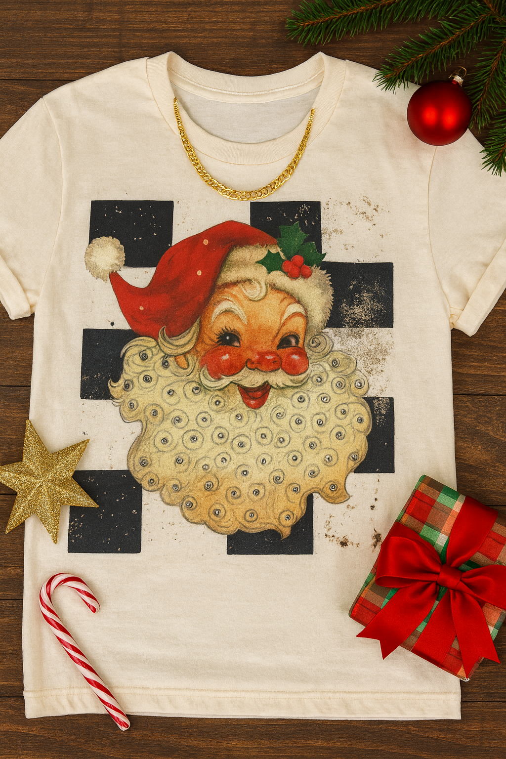 Checkered Vintage Santa Graphic Tee-Stuffology Boutique -Stuffology - Where Vintage Meets Modern, A Boutique for Real Women in Crosbyton, TX