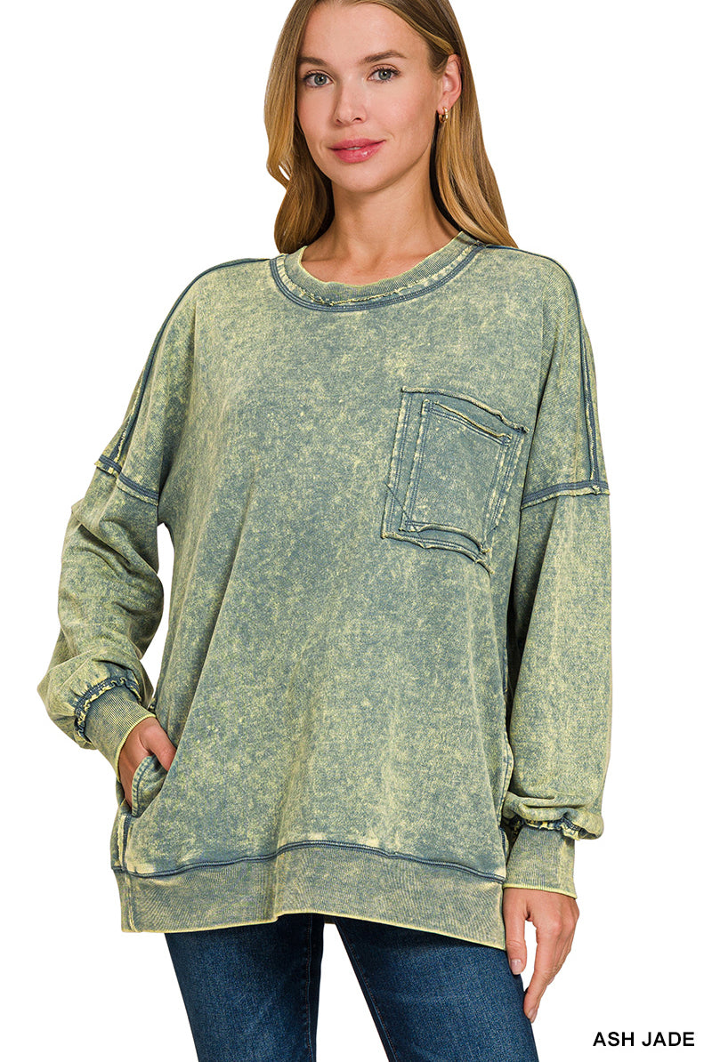 French Terry Acid Wash Raw Edge Pullover-Pullover Top-Stuffology Boutique -Stuffology - Where Vintage Meets Modern, A Boutique for Real Women in Crosbyton, TX