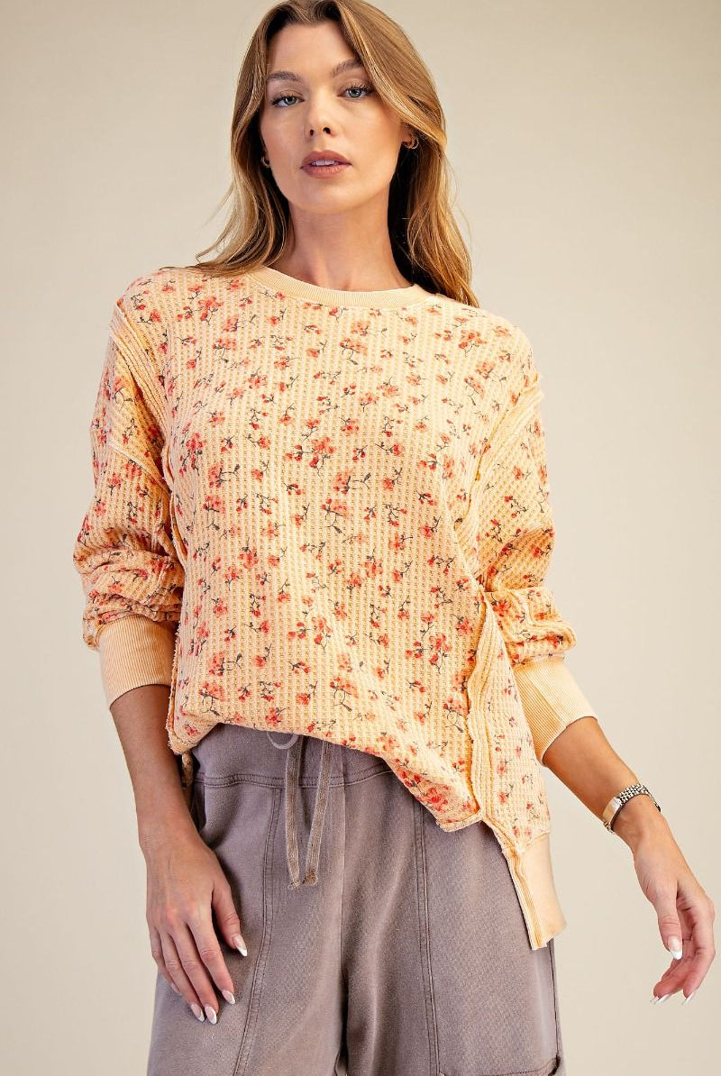 Floral Waffle Knit Thermal Pullover-Pullover Top-Easel-Stuffology - Where Vintage Meets Modern, A Boutique for Real Women in Crosbyton, TX