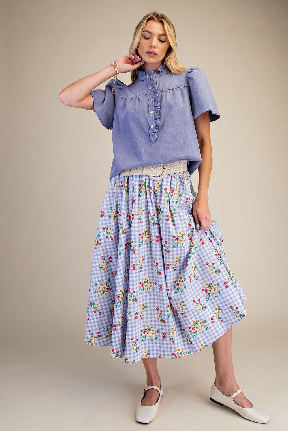 Washed Chambray Ruffle Button Top-Tops-Stuffology Boutique -Stuffology - Where Vintage Meets Modern, A Boutique for Real Women in Crosbyton, TX