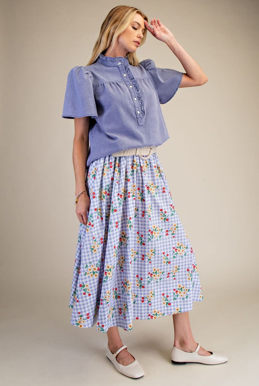 Washed Chambray Ruffle Button Top-Tops-Stuffology Boutique -Stuffology - Where Vintage Meets Modern, A Boutique for Real Women in Crosbyton, TX