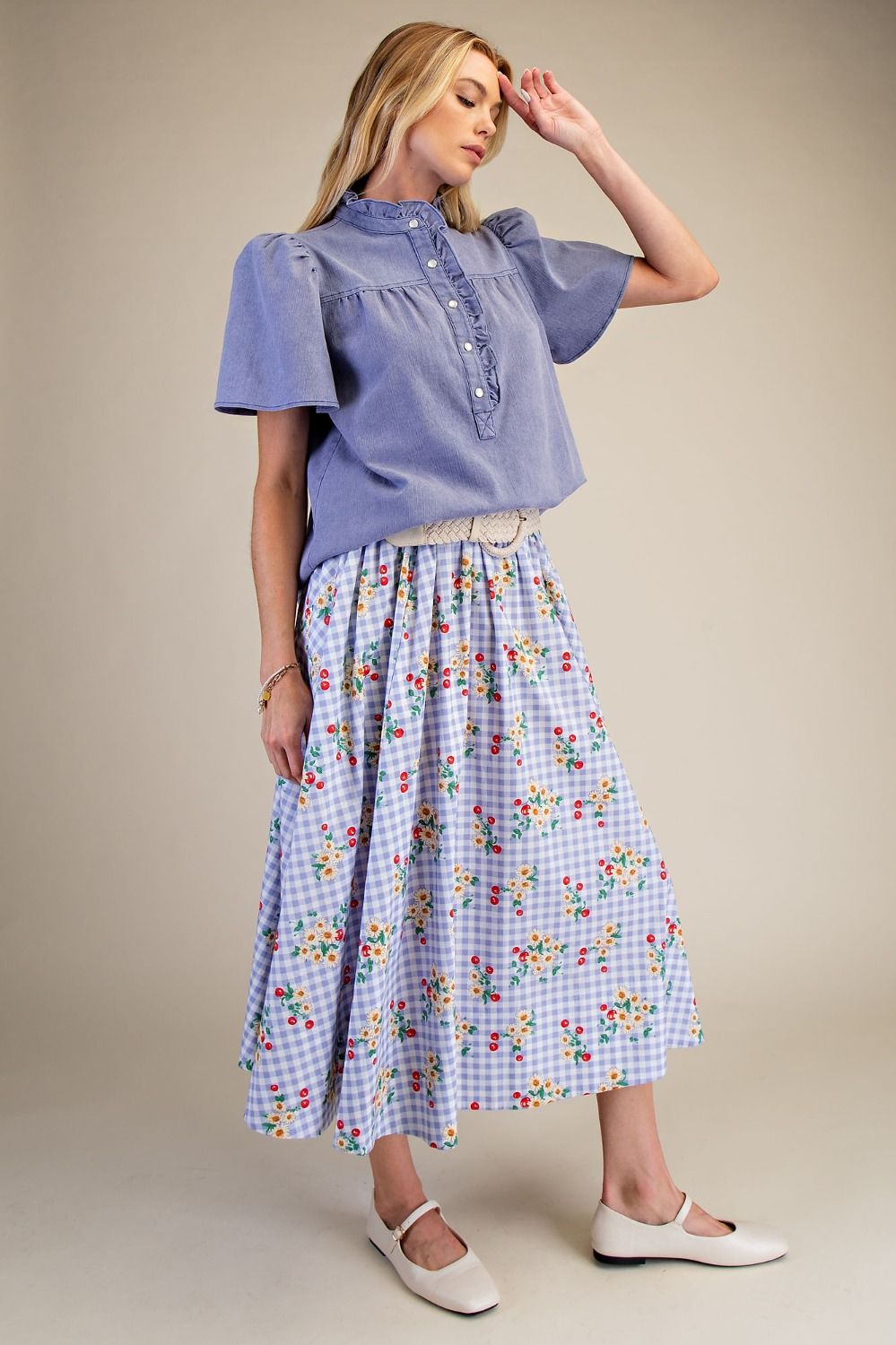 Washed Chambray Ruffle Button Top-Tops-Stuffology Boutique -Stuffology - Where Vintage Meets Modern, A Boutique for Real Women in Crosbyton, TX