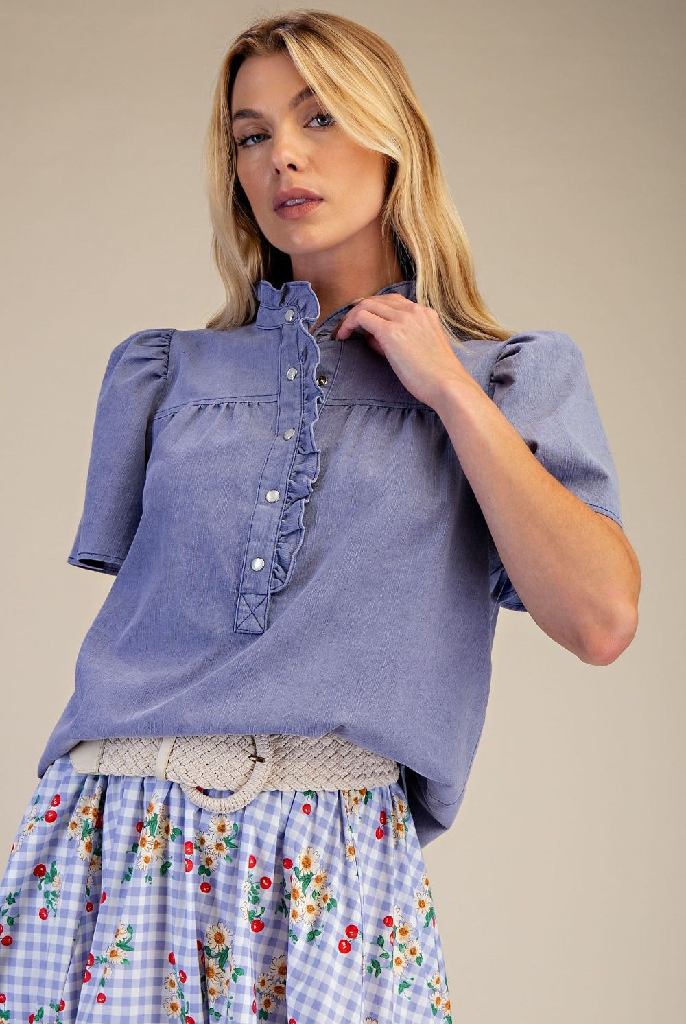 Washed Chambray Ruffle Button Top-Tops-Stuffology Boutique -Stuffology - Where Vintage Meets Modern, A Boutique for Real Women in Crosbyton, TX
