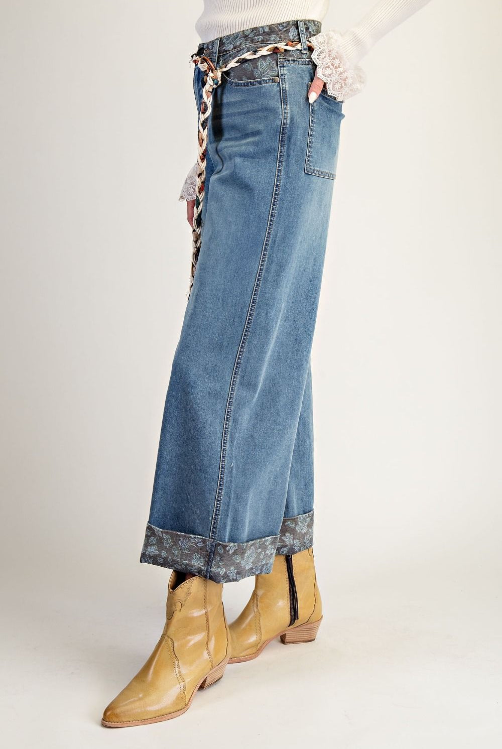 Print Mix Washed Denim Wide-Leg Pants-Jeans-Easel-Stuffology - Where Vintage Meets Modern, A Boutique for Real Women in Crosbyton, TX