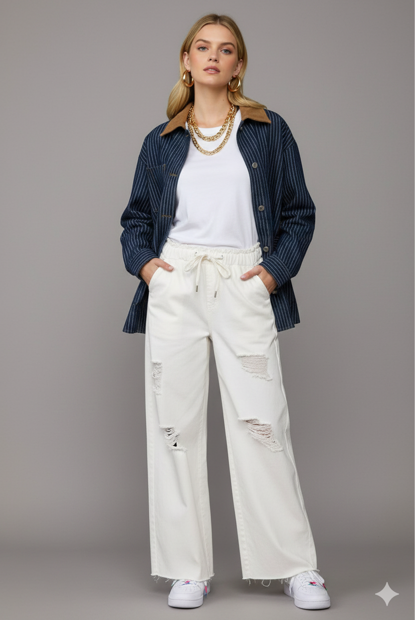 VINTAGE PINSTRIPE WORKWEAR JACKET-Denim Jacket-J.O.A-Stuffology - Where Vintage Meets Modern, A Boutique for Real Women in Crosbyton, TX