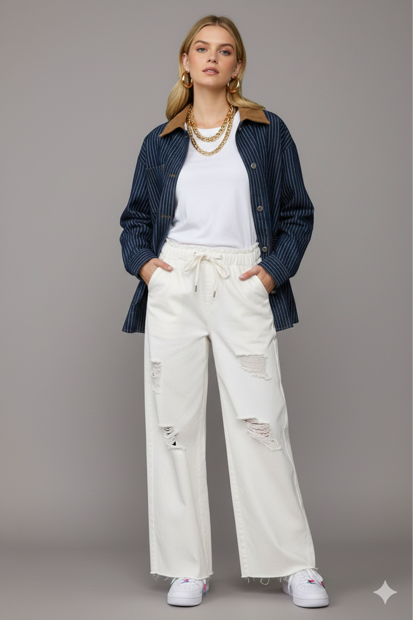 VINTAGE PINSTRIPE WORKWEAR JACKET-Denim Jacket-J.O.A-Stuffology - Where Vintage Meets Modern, A Boutique for Real Women in Crosbyton, TX