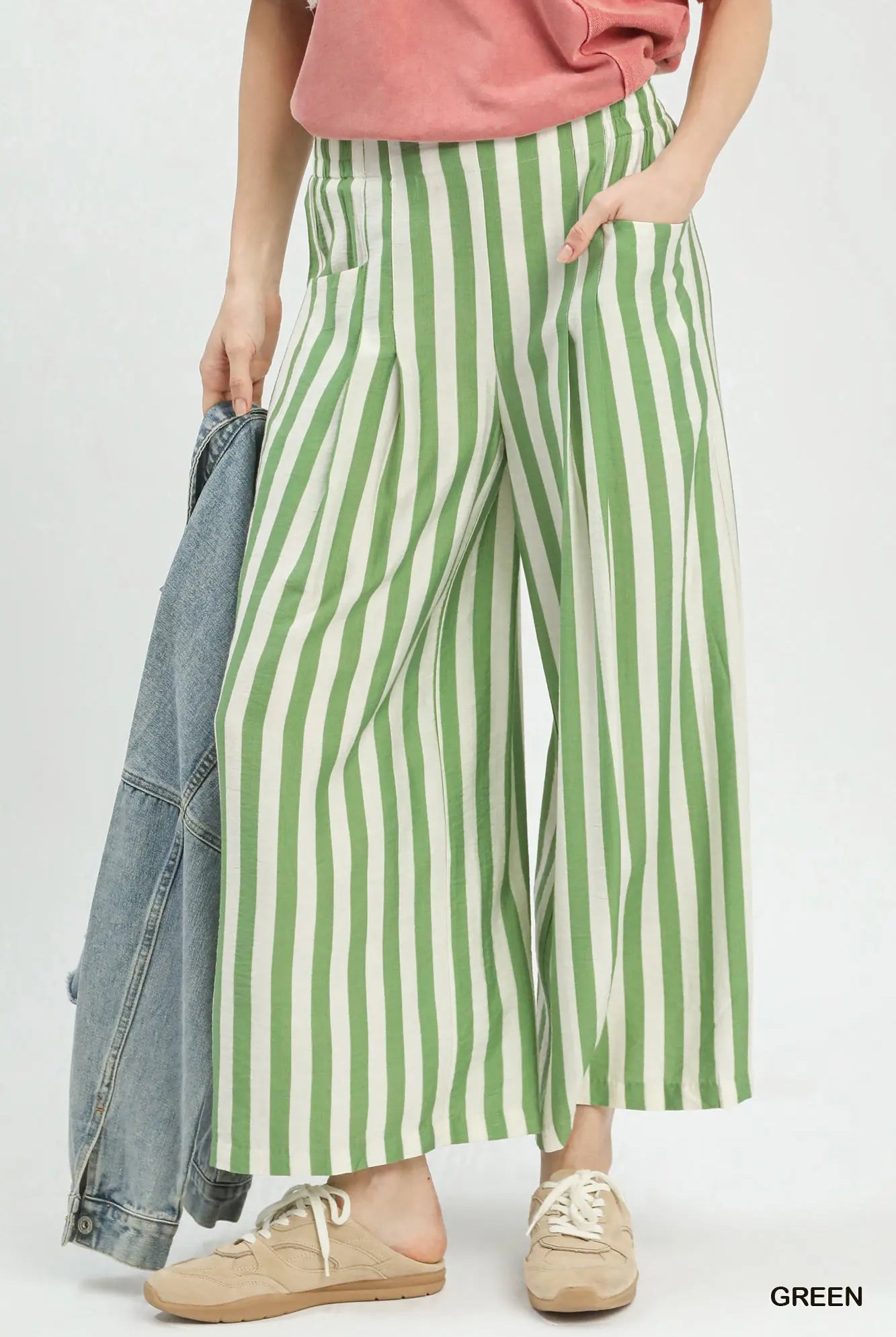 Green Stripe Wide Leg Pants-Wide Leg Pants-Umgee-Stuffology - Where Vintage Meets Modern, A Boutique for Real Women in Crosbyton, TX