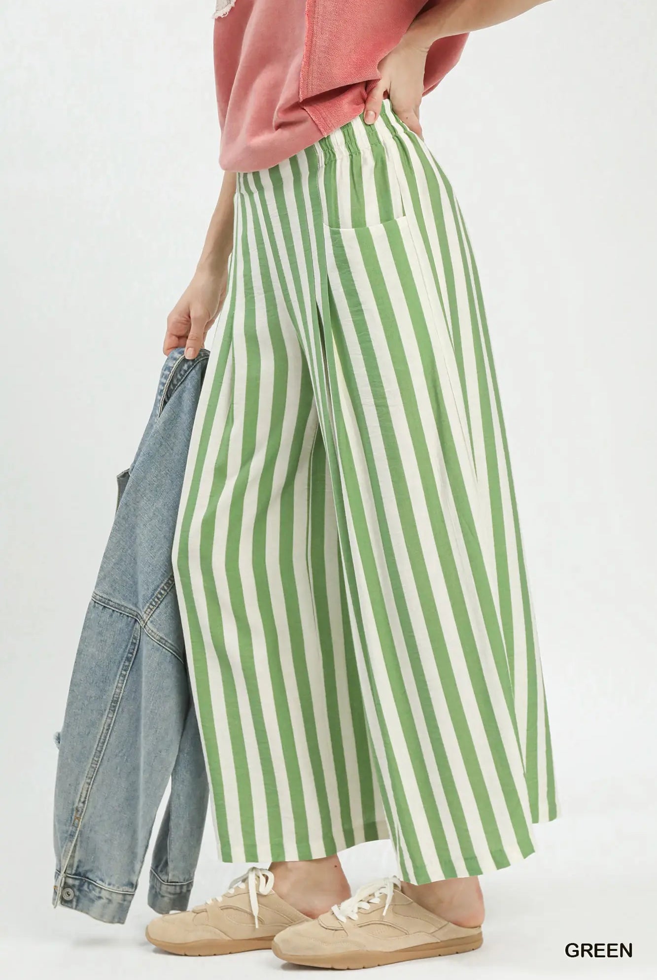 Green Stripe Wide Leg Pants-Wide Leg Pants-Umgee-Stuffology - Where Vintage Meets Modern, A Boutique for Real Women in Crosbyton, TX