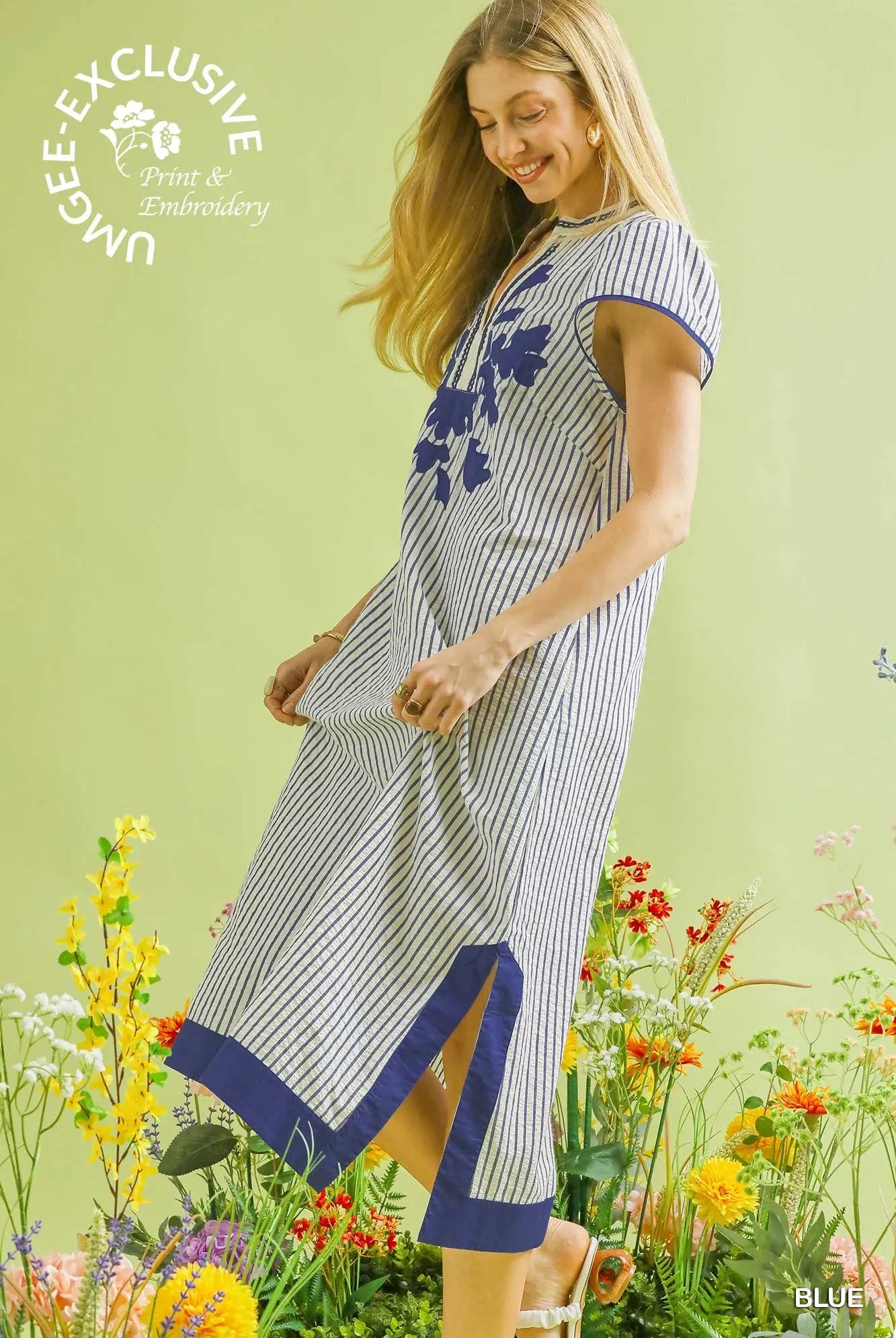 Wildflowers on the Rim Blue Stripe Embroidered Midi Dress-Dresses-Umgee-Stuffology - Where Vintage Meets Modern, A Boutique for Real Women in Crosbyton, TX