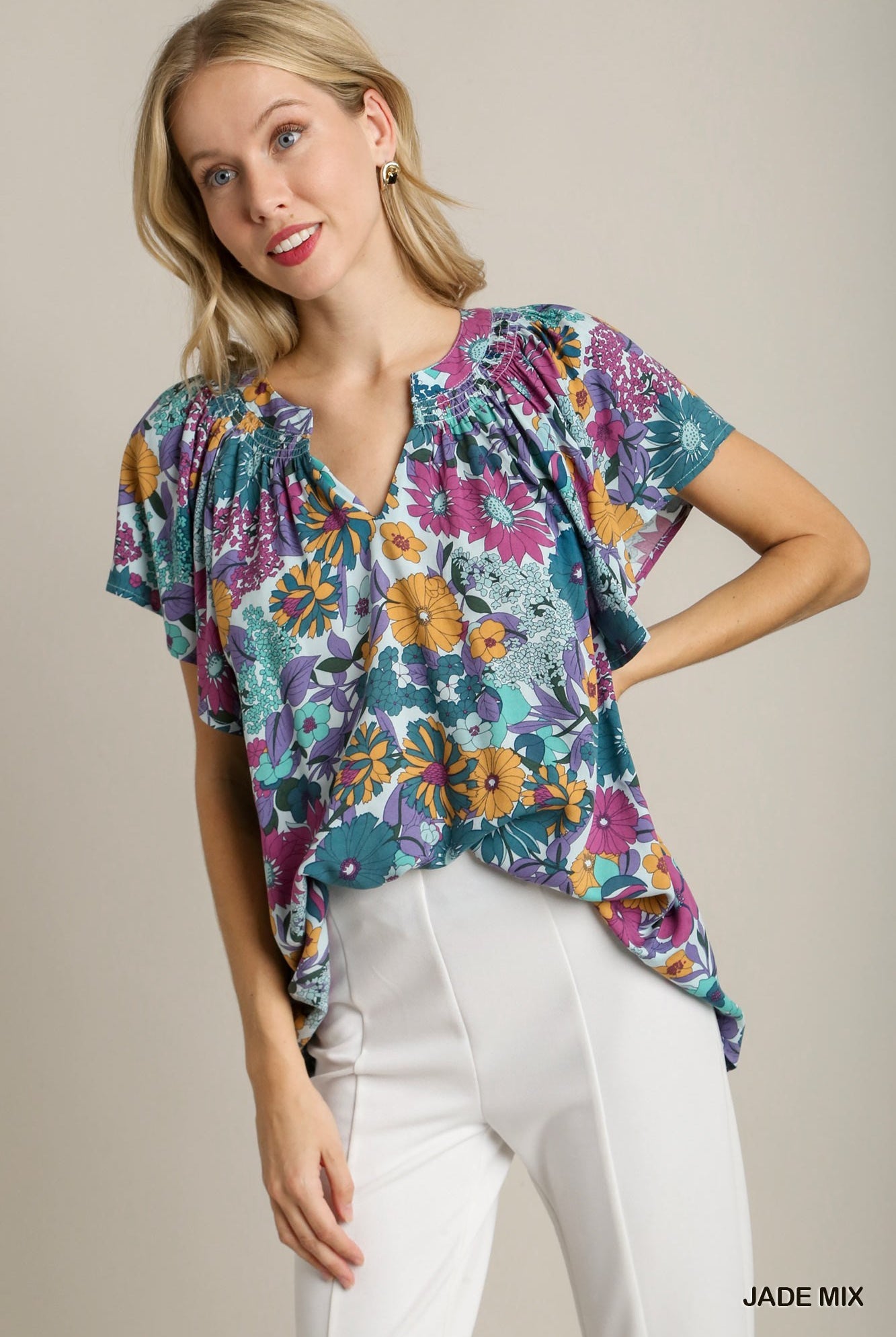 JADE MIX BOXY CUT FLORAL COLORFUL TOP / STUFFOLOGY BOUTIQUE-Top-Umgee-Stuffology - Where Vintage Meets Modern, A Boutique for Real Women in Crosbyton, TX