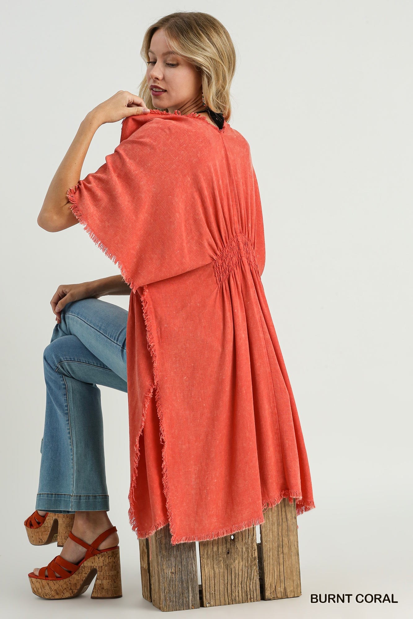 Mineral Wash Open Front Kimono with Side Slit, Frayed Hem & Smocked Details / Stuffology Boutique-Kimonos-Umgee-Stuffology - Where Vintage Meets Modern, A Boutique for Real Women in Crosbyton, TX