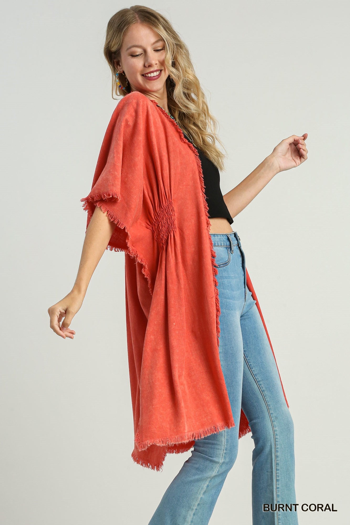 Mineral Wash Open Front Kimono with Side Slit, Frayed Hem & Smocked Details / Stuffology Boutique-Kimonos-Umgee-Stuffology - Where Vintage Meets Modern, A Boutique for Real Women in Crosbyton, TX