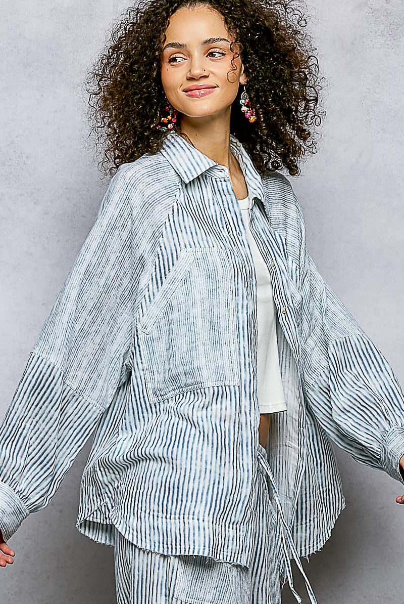 Blue Stripe Relaxed Fit Button-Down-Top-POL Clothing-Stuffology - Where Vintage Meets Modern, A Boutique for Real Women in Crosbyton, TX