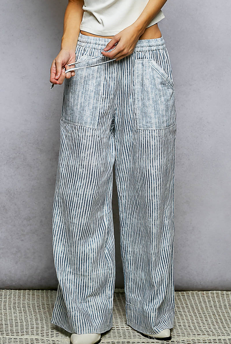 Blue Striped Elastic Pants-Pants-POL Clothing-Stuffology - Where Vintage Meets Modern, A Boutique for Real Women in Crosbyton, TX