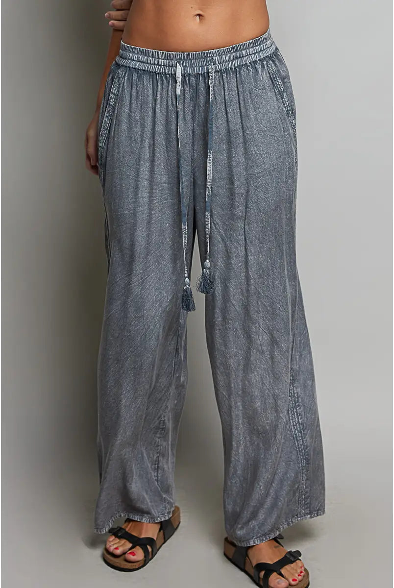 Vintage Washed trim Tassel Wide Leg Pants-Pants-Pol Clothing-Stuffology - Where Vintage Meets Modern, A Boutique for Real Women in Crosbyton, TX